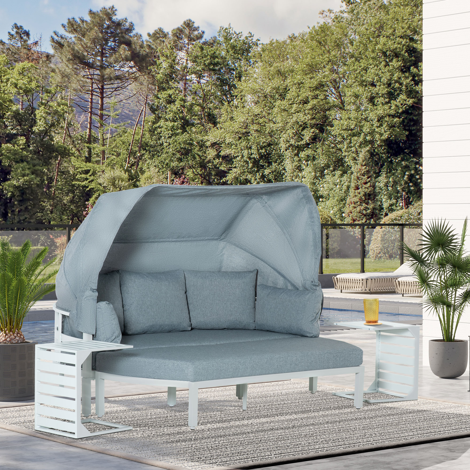 Outsunny Gartenmöbel-Set für 5 Personen, Sonneninsel, Gartensofa mit Baldachin, inkl. Kissen, Weiß + Grau
