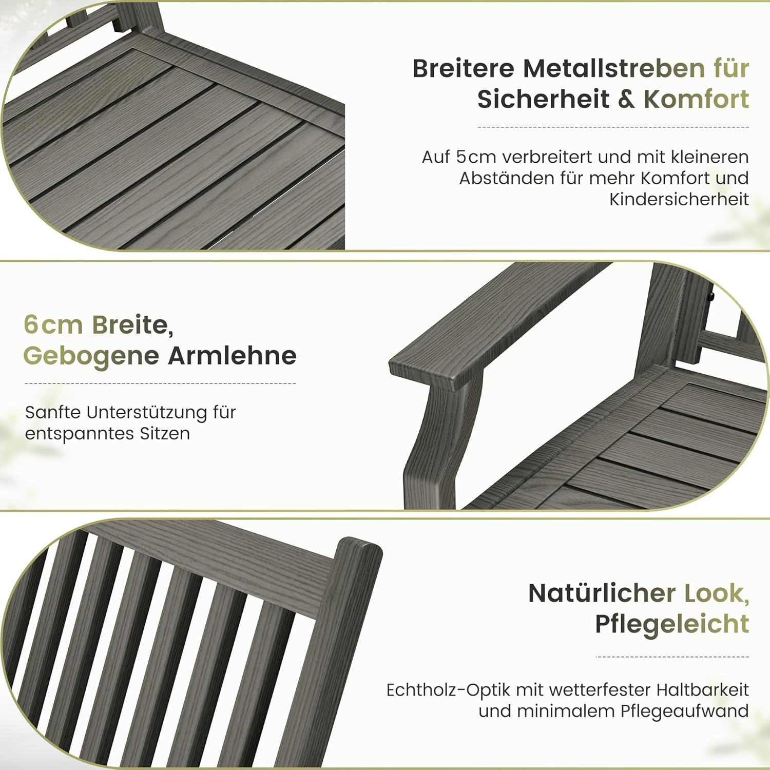 UDPATIO Gartenbank Metall in Holzoptik,Wetterfeste Sitzbank Outdoor, Bank 2–3 Sitzer für Balkon & Garten,Balkonmöbel mit Rücken & Armlehnen,Grau