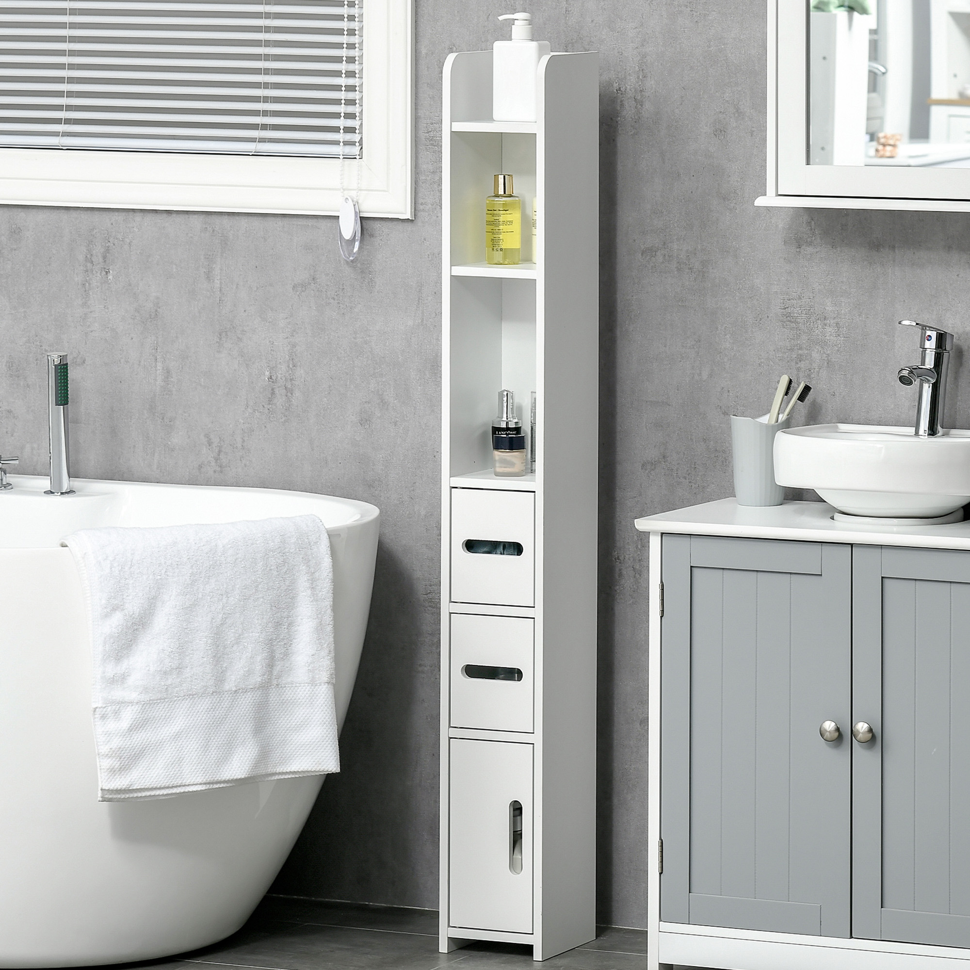 kleankin Hochschrank Badezimmerschrank Toilette mit Regalen und Schränken - 15 x 17 x 120 cm weiß