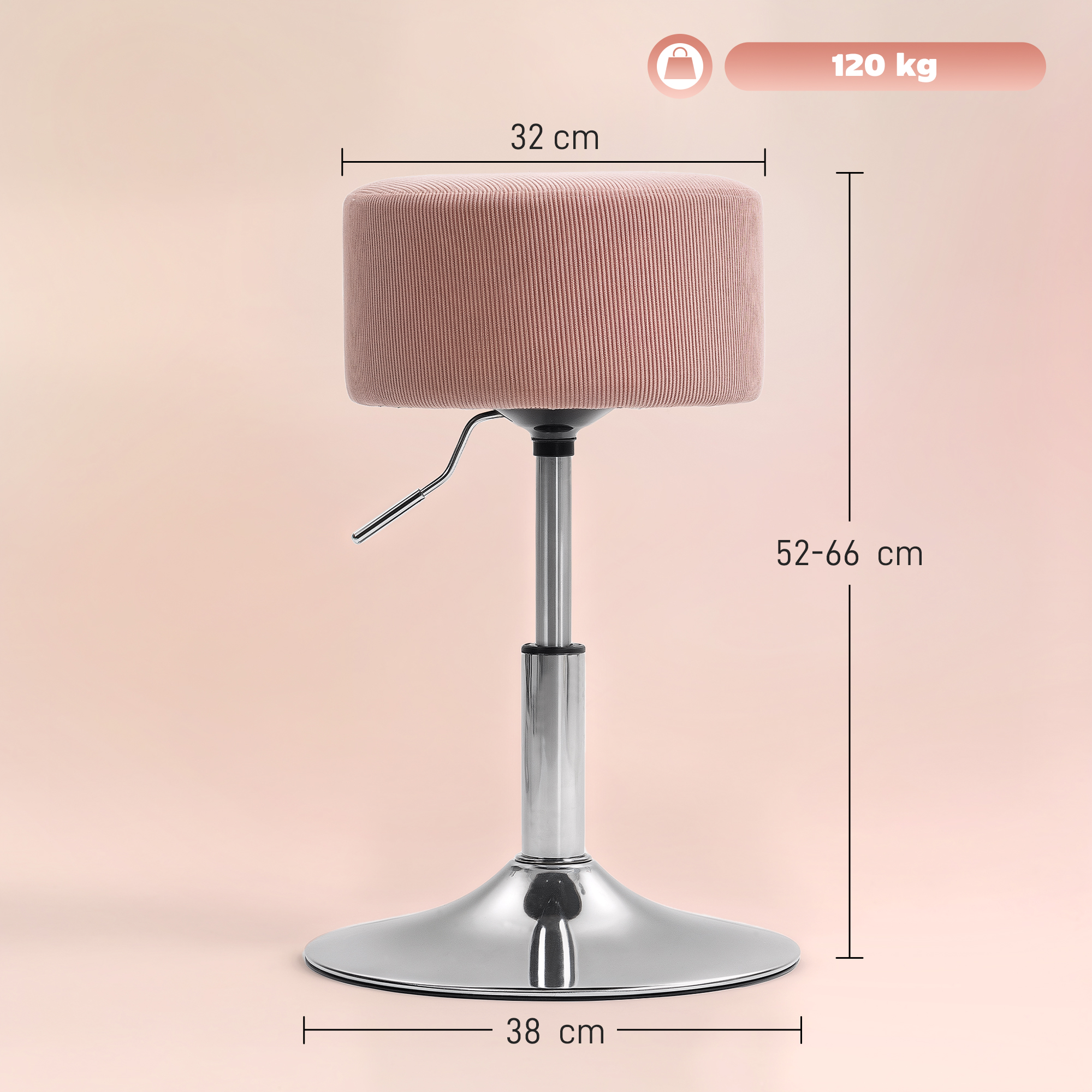 HOMCOM Barhocker, Gepolstert Barstuhl mit Metallgestell, Cordoptik, Höhenverstellbar 360° Drehbar Rosa