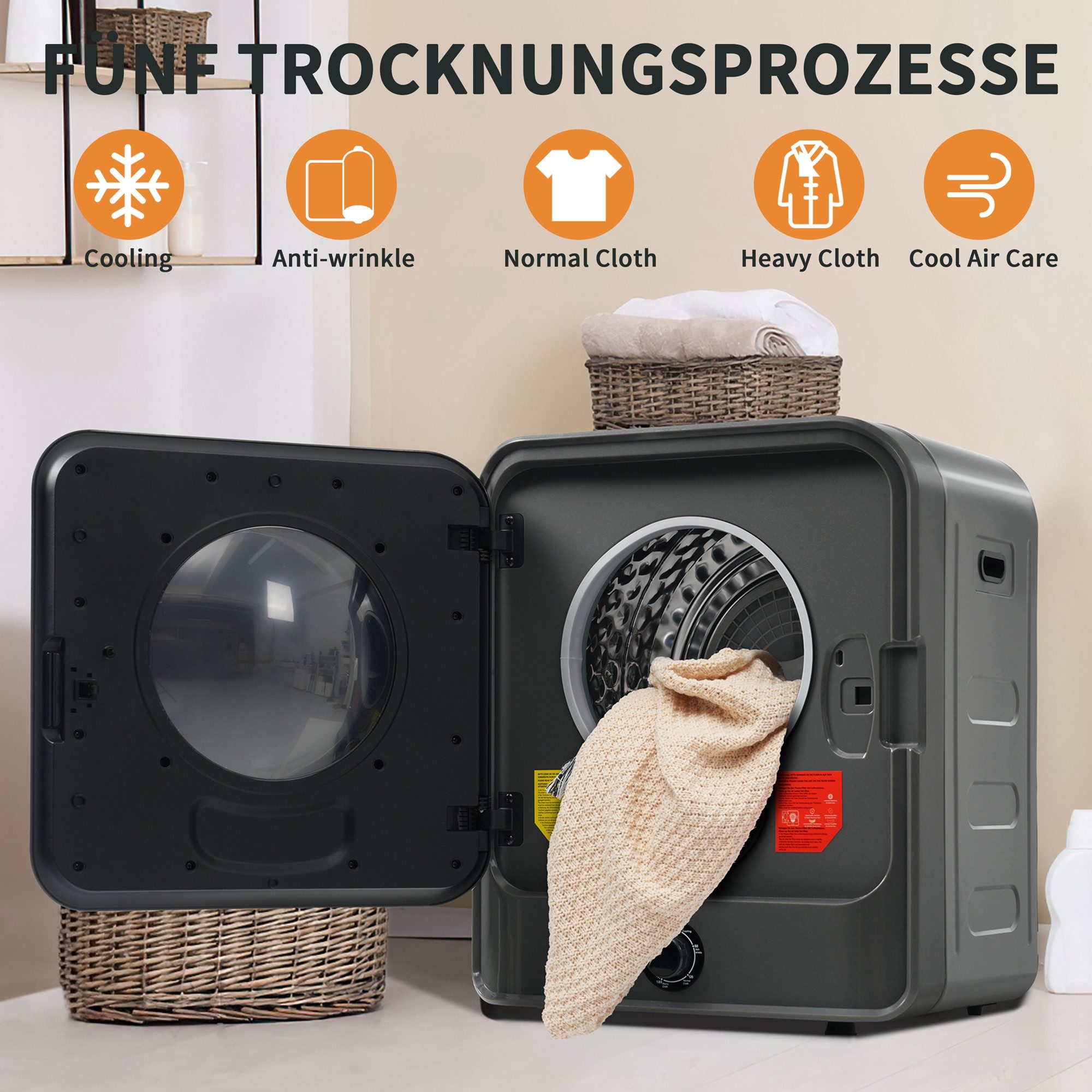 Ablufttrockner 5 Trocknungsprogramme für verschiedene Textilien 3kg