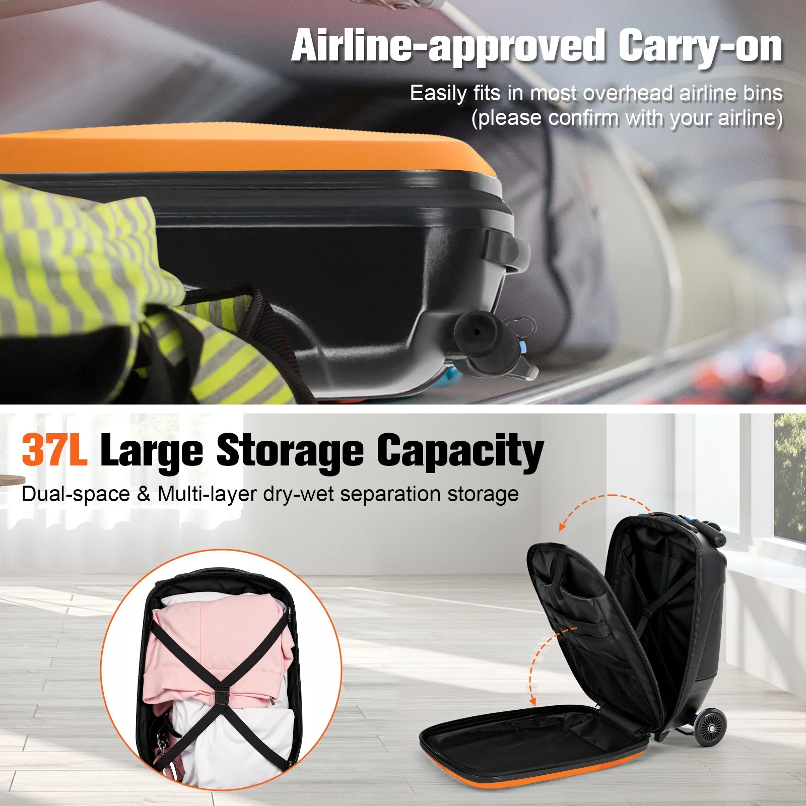 Advwin Scooter Luggage for Kids & Adults, Hardside Ride on Suitcase for Kids Ages 4-15 Multifunctional Lightweight Foldable Carry on Luggage with Wheels Ride on for Children Teenagers, Pink