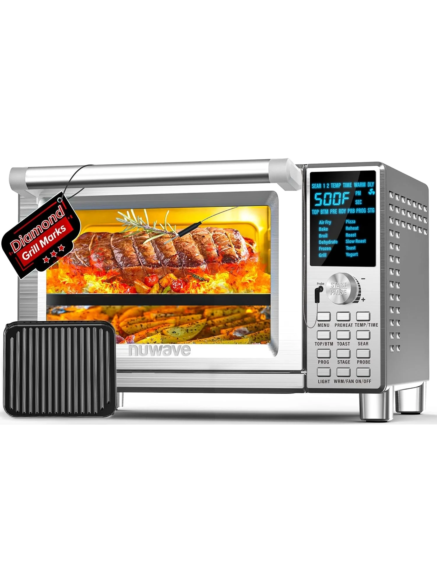 Nuwave Bravo Air Fryer Toaster Smart Oven, 12 in 1 Countertop Convection, 1800 Watts, 21 Qt Capacity, 50&deg; 450&deg;F Temp Controls, Top and Bottom Heater Adjustments 0% 100%, PFAS Free, Stainless Steel