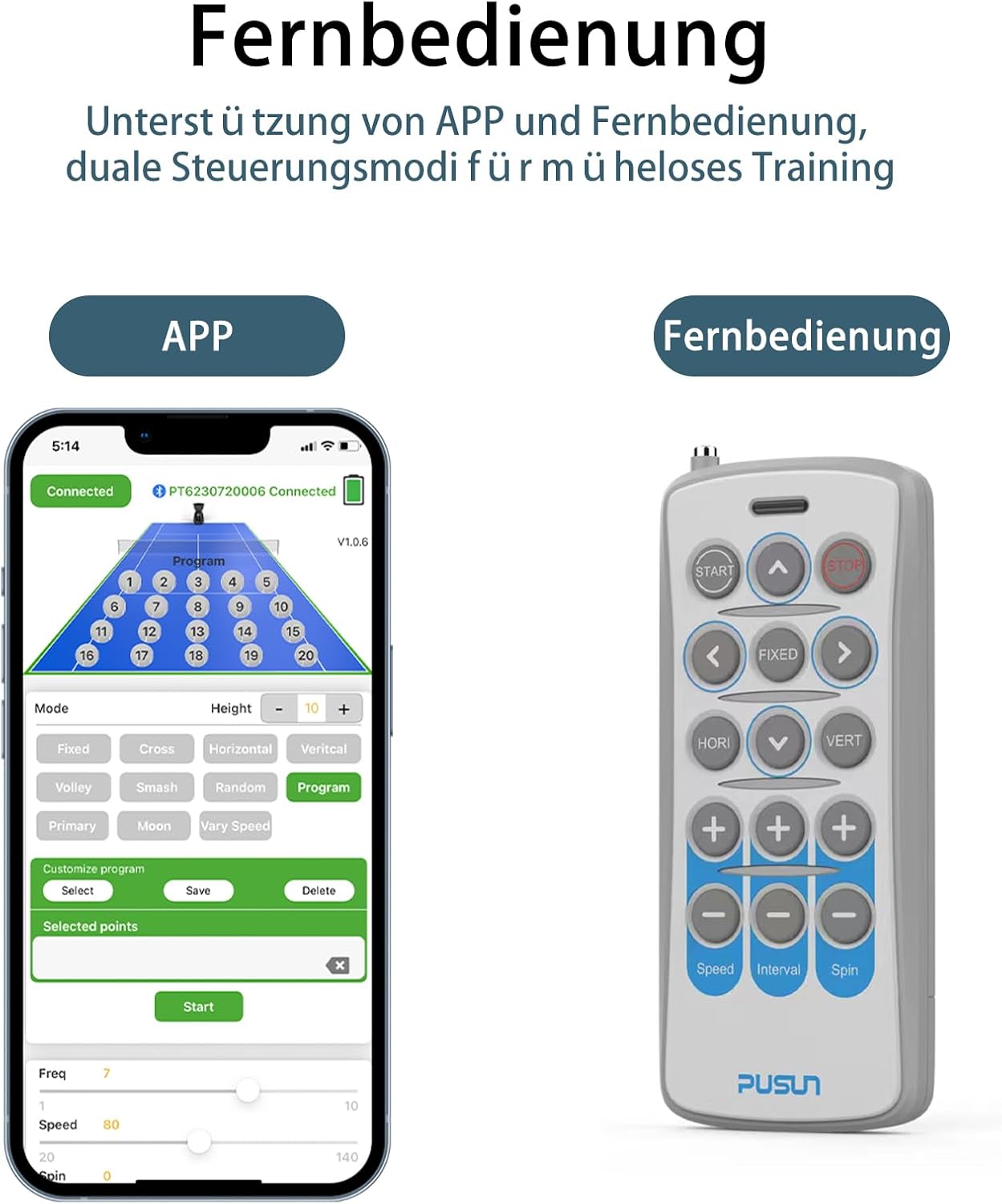 PT-SMART Tennisballmaschine - Profi Ballwerfer mit APP-Steuerung (App für Watch), 20 Landepunkte & 12 Modi, Smart Tennis Trainer für alle Spielniveaus (4-6 Std. Laufzeit)