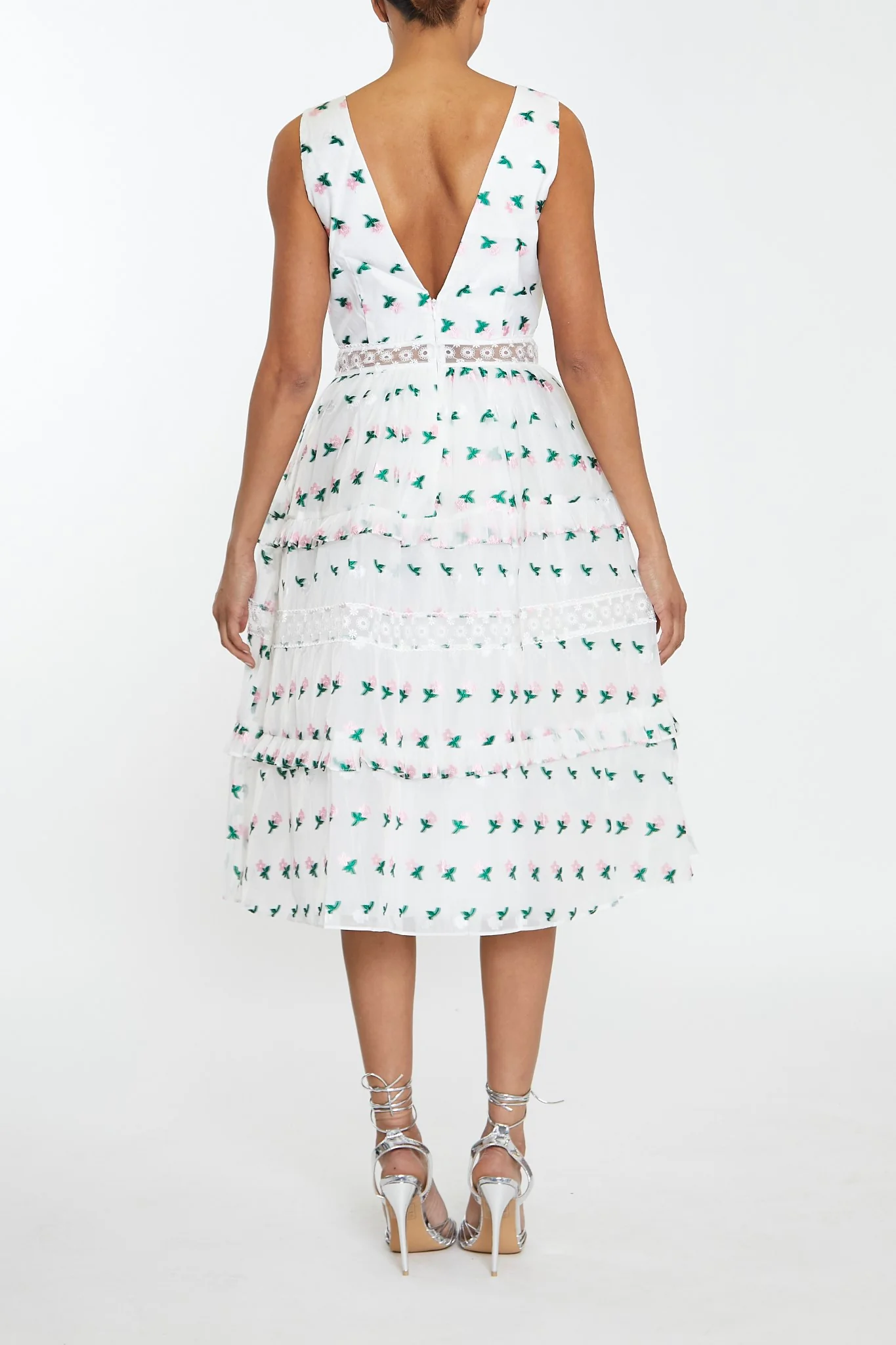 Zoey White Pink Floral Organza Plunge Neck Tiered Skater Midi Dress