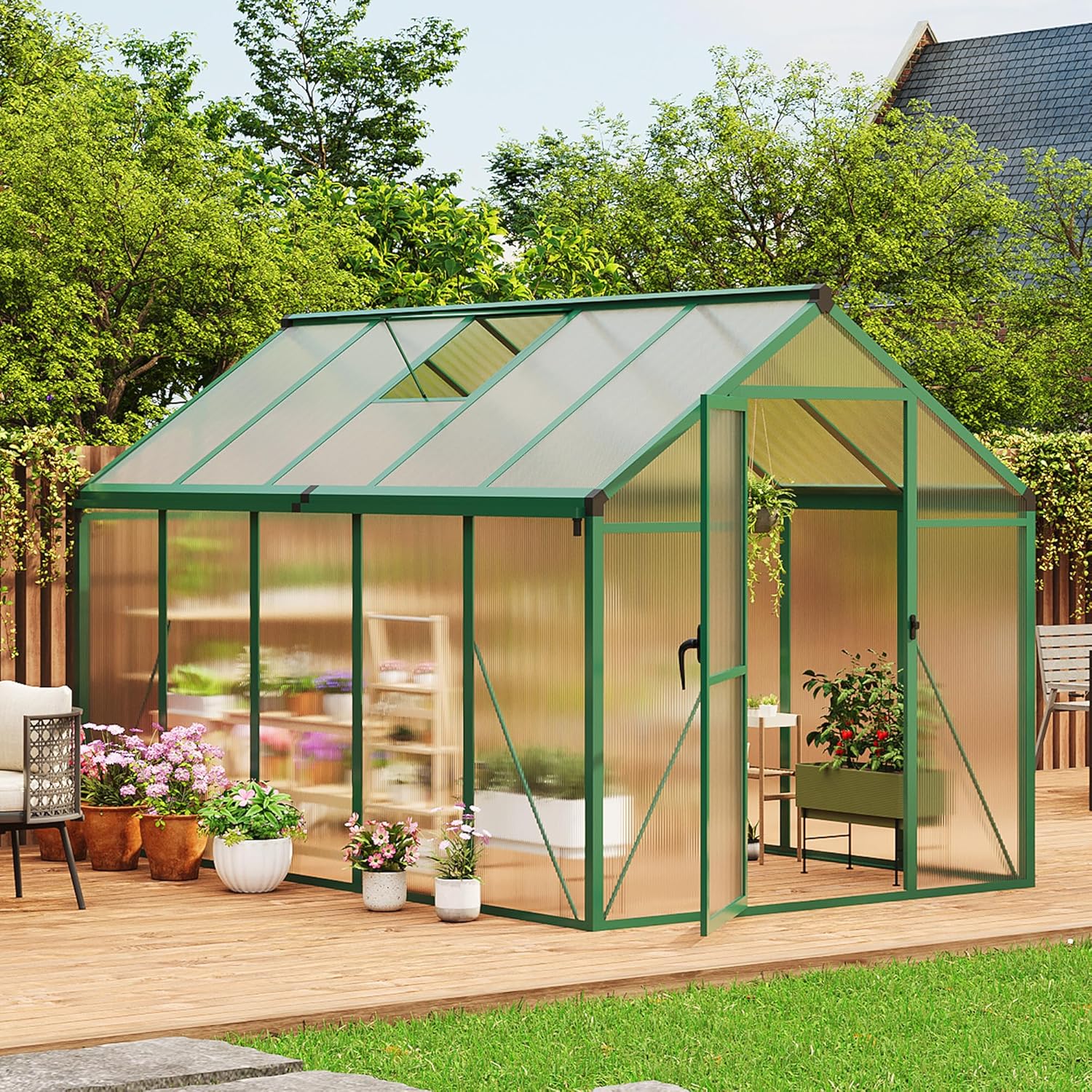 6 x 10 ft Greenhouse  Greenhouses for Outside  Polycarbonate Greenhouse with Aluminum Frame  Lockable Door and Ajustable Roof Vent for Backyard  Green Houses for Outside Garden Backyard  Patio