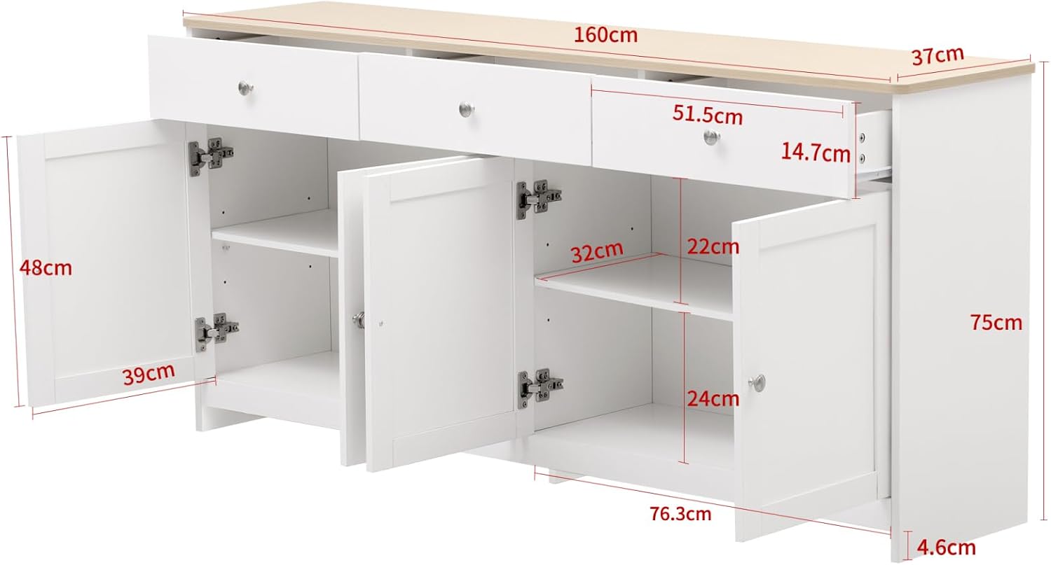 Credenza, Credenza Sala da pranzo con 4 ante e 3 cassetti, armadio da cucina con piano di lavoro, mobile per soggiorno, cucina, sala da pranzo, bianco, 160 x 37 x 75 cm