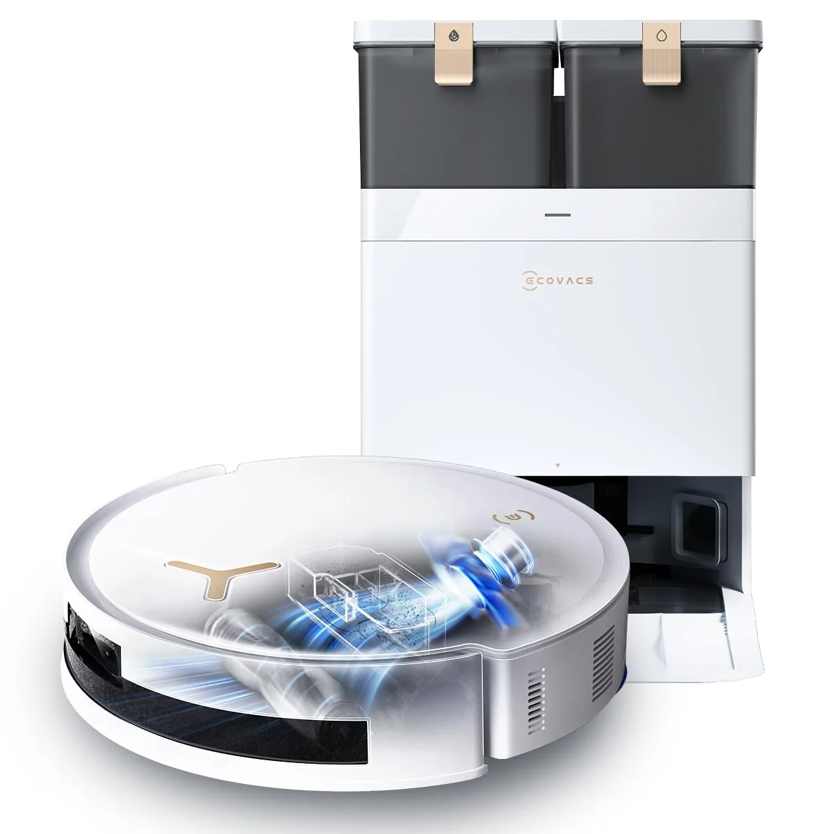 ECOVACS DEEBOT T50 Omni Saugroboter mit Wischfunktion,15.000 Pa, T30 Omni-Upgrade, Ausziehbare Seitenbürste und Mopp, ZeroTangle 2.0, Moppwäsche mit 75°C heißem Wasser, All-in-One Station
