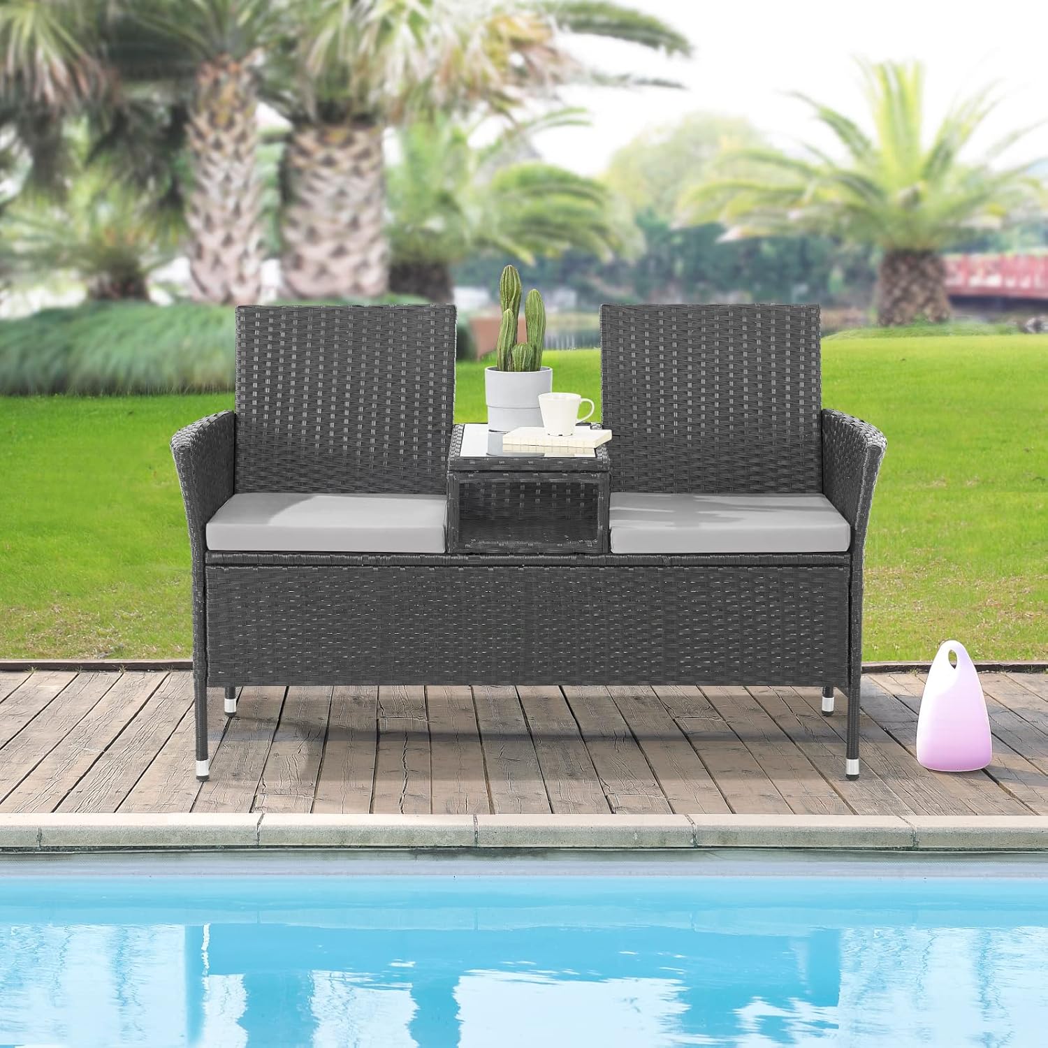 SVITA Chicago Sitzbank Polyrattan Garten-Bank Rattan Gartenmöbel Schwarz