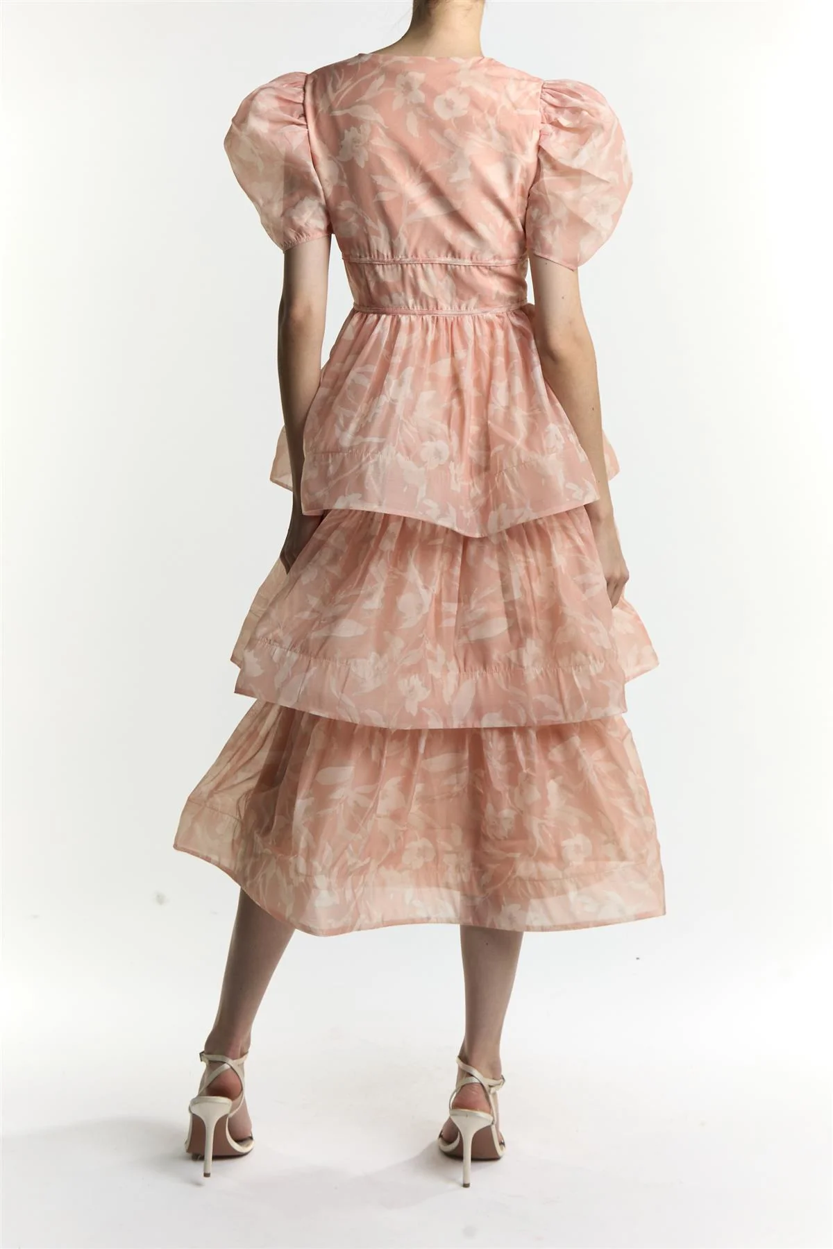 Ariella Peach Stone Floral Tiered Midi Dress