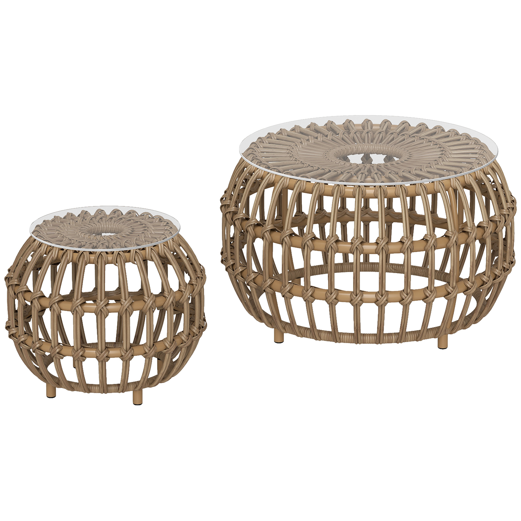 Outsunny 2-delige Set Bijzettafels Polyrattan ?66/42 cm Rond Weerbestendig met Glazen Blad - Bruin