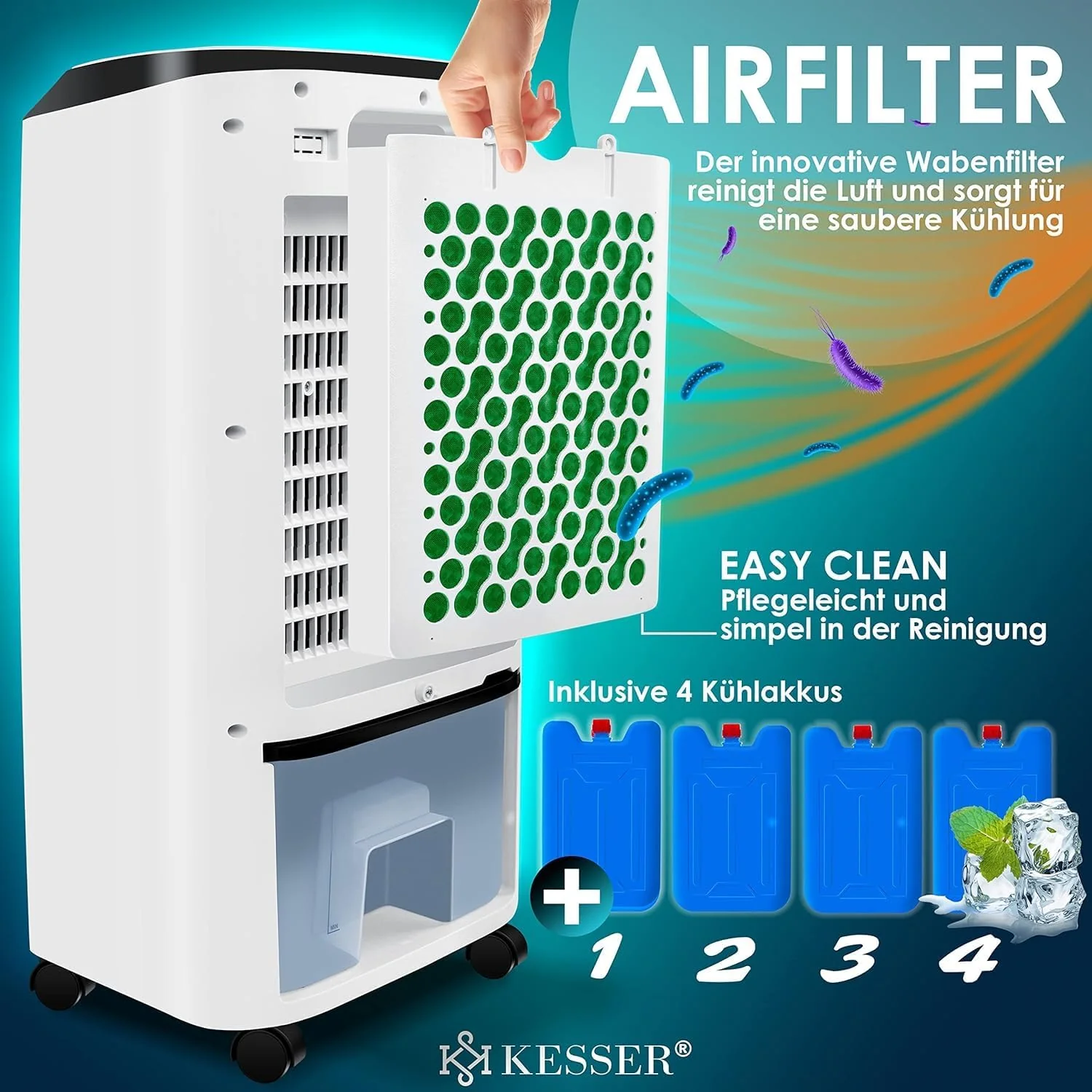 KESSER 4-in-1 Mobiele Airco | Afstandsbediening | Klimaatregelaar | Ventilator Airconditioning | Timer | 3 Niveaus | Ionisator Luchtbevochtiger | Luchtkoeler |