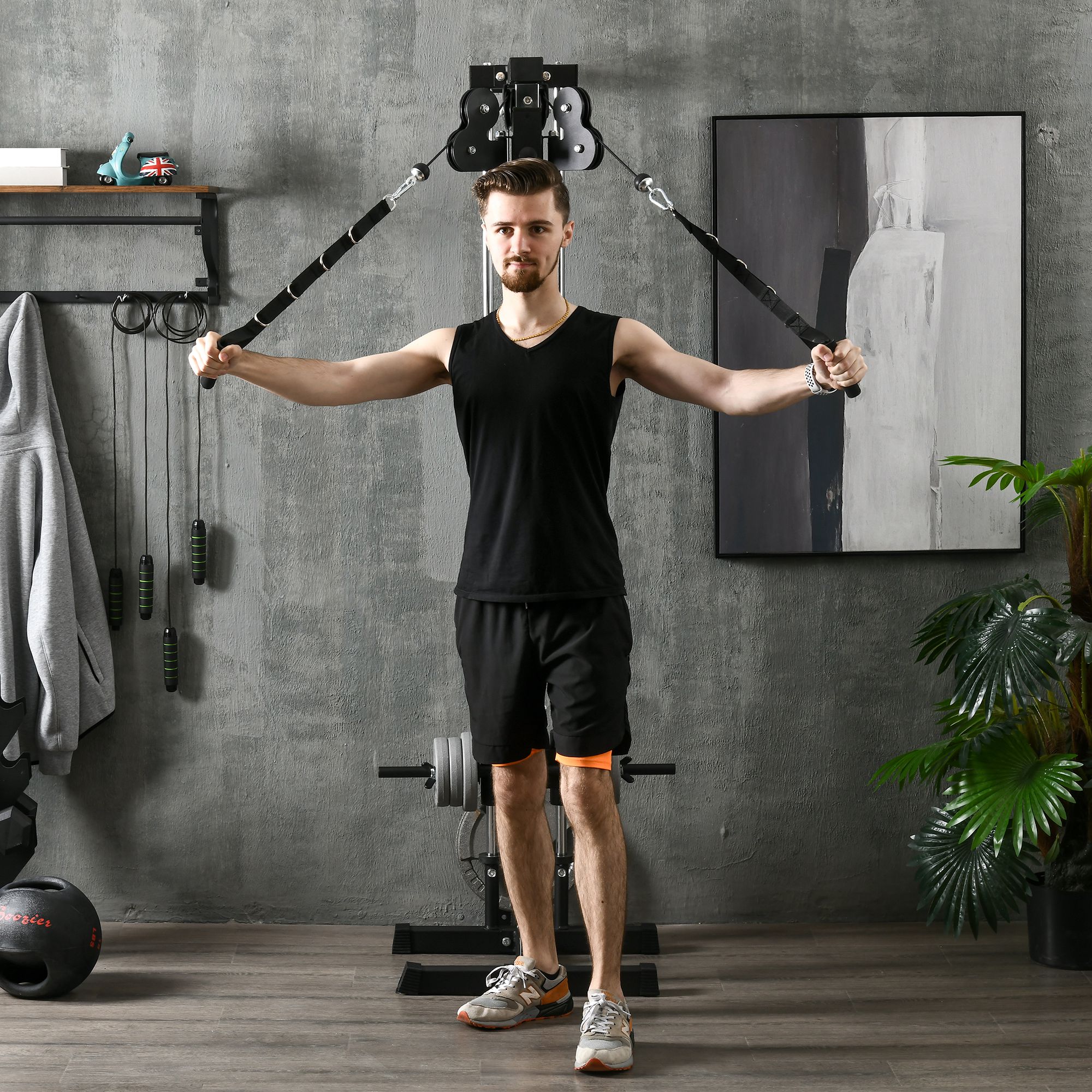 SPORTNOW Kraftstation höhenverstellbar 25-165 cm mit Dual-Pulley-Systemen Adaptern 62 x 60 x 200 cm Schwarz
