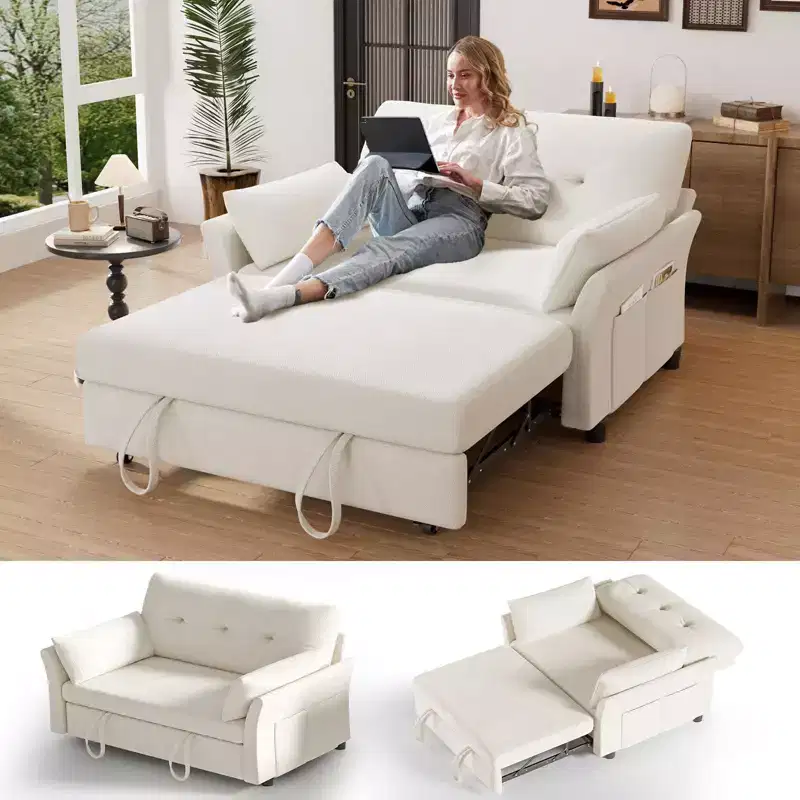 Chenille Sleeper Sofa Bed, Convertible Couch with Pull-Out Bed for Living Room