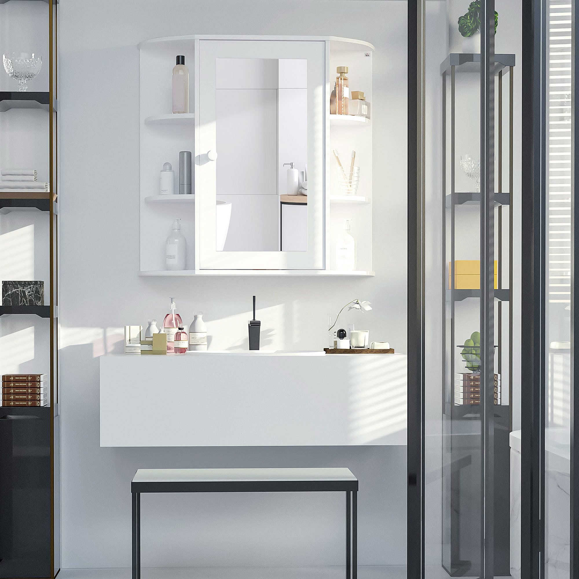 HOMCOM Spiegelschrank Badschrank Badezimmerschrank, 8 Fächer, Spiegeltüren, wasserbeständig, 66 cm x 17 cm x 63 cm, Weiß
