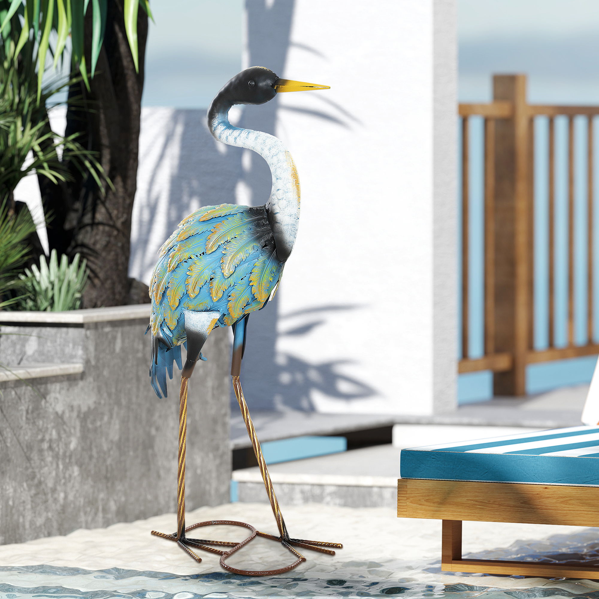 Outsunny Gartenfigur, Reiher-Skulptur aus Metall, Gartendekoration im Freien 63 cm, multicolor