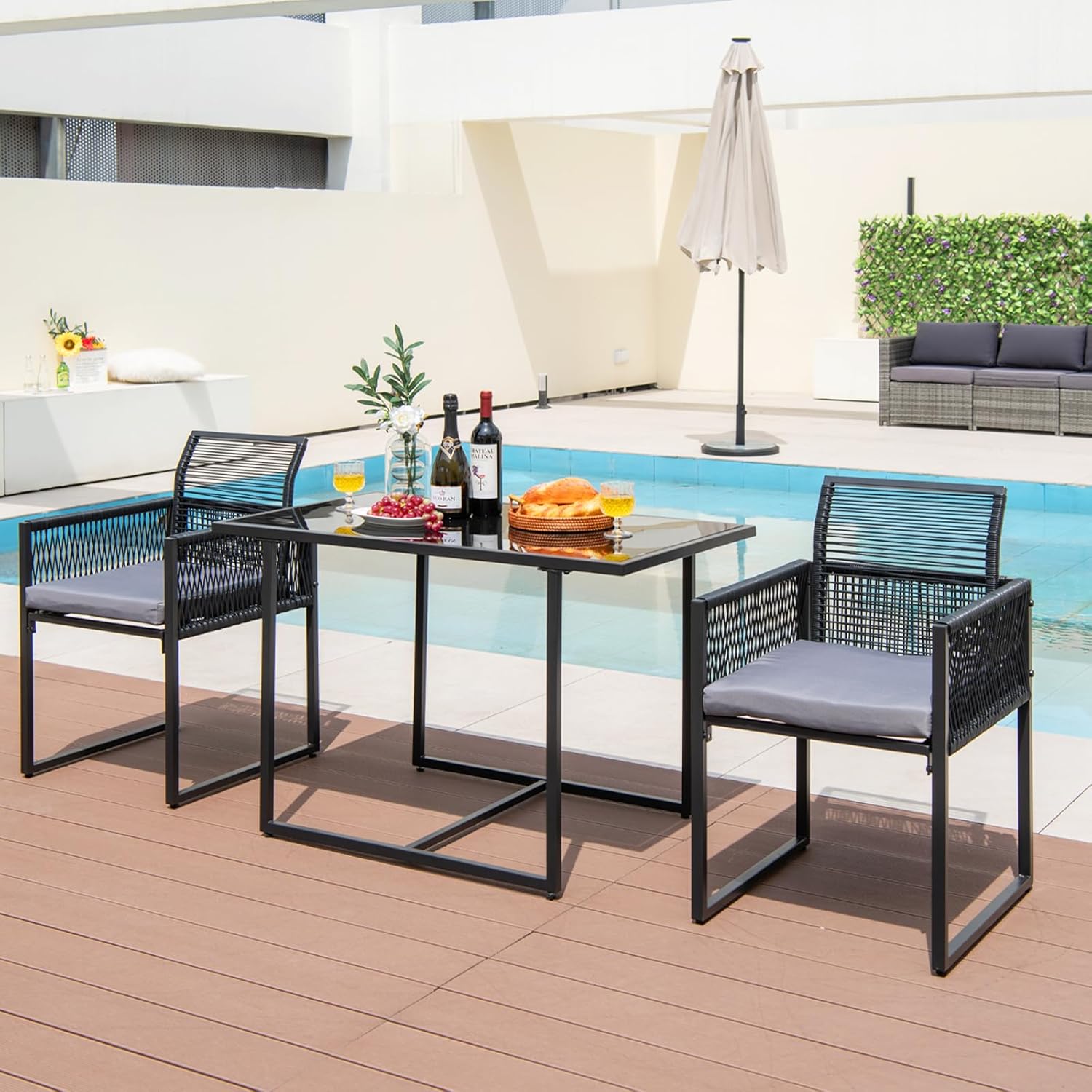 KOMFOTTEU 3 Piece Furniture Set, Table and 2 Chairs Set PE Rattan Dining Set with Folding Chairs, Removable Cushions, Glass Table for Garden, Patio, Terrace
