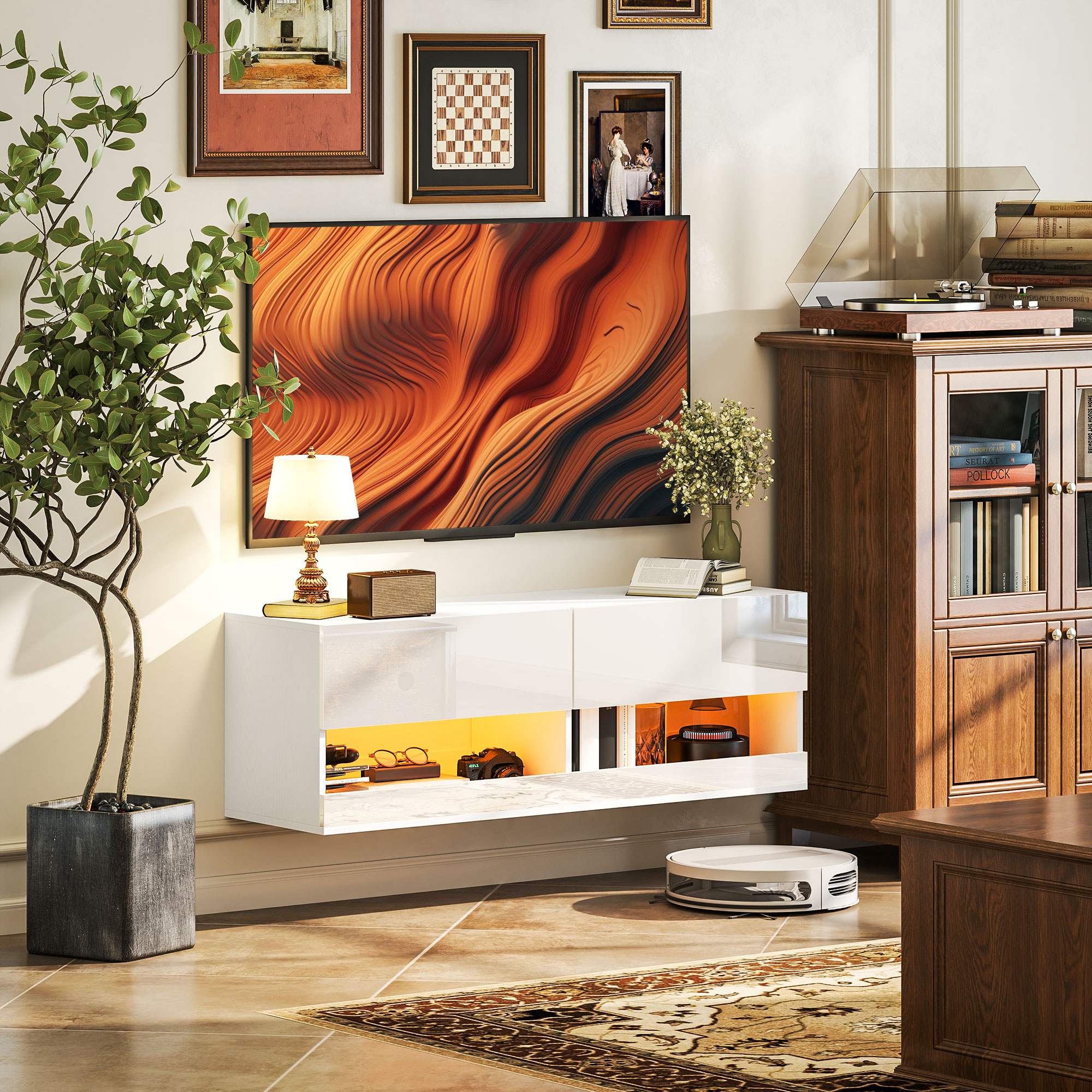 HOMCOM TV-Hängeschrank mit LED-Beleuchtung, 16 Blinkmodi, Wandmontierter TV-Schrank, Offene Regale, 120 x 35 x 40,5 cm, Weiß