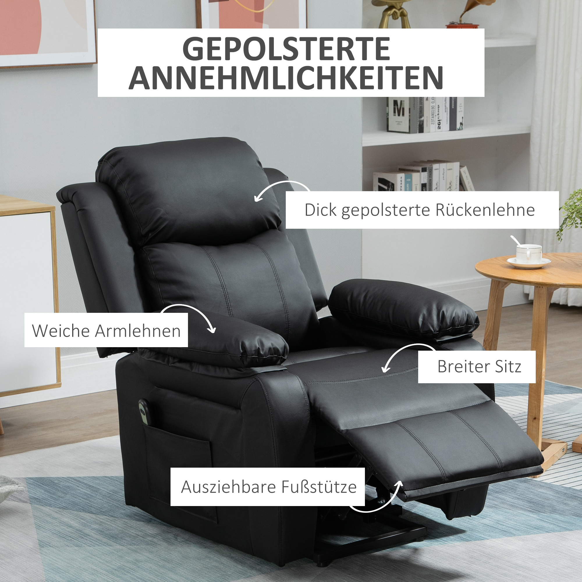 Relaxstoel met opsta-hulp, inclusief voetensteun en hoofdsteun, 1 afstandsbediening, zwart