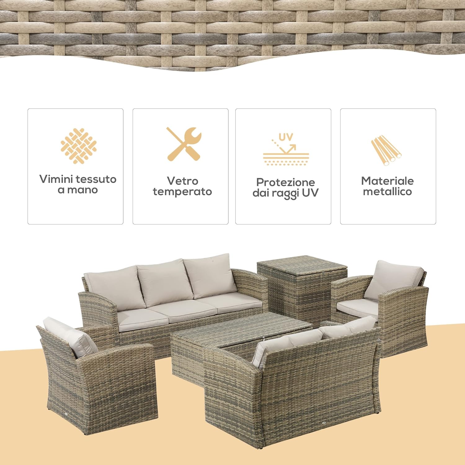 Outsunny Set Mobili da Giardino 6 Pezzi in Rattan, Salotto da Giardino con 2 Tavolini Contenitore, Divani e 2 Poltrone Imbottiti per 7 Persone, Beige