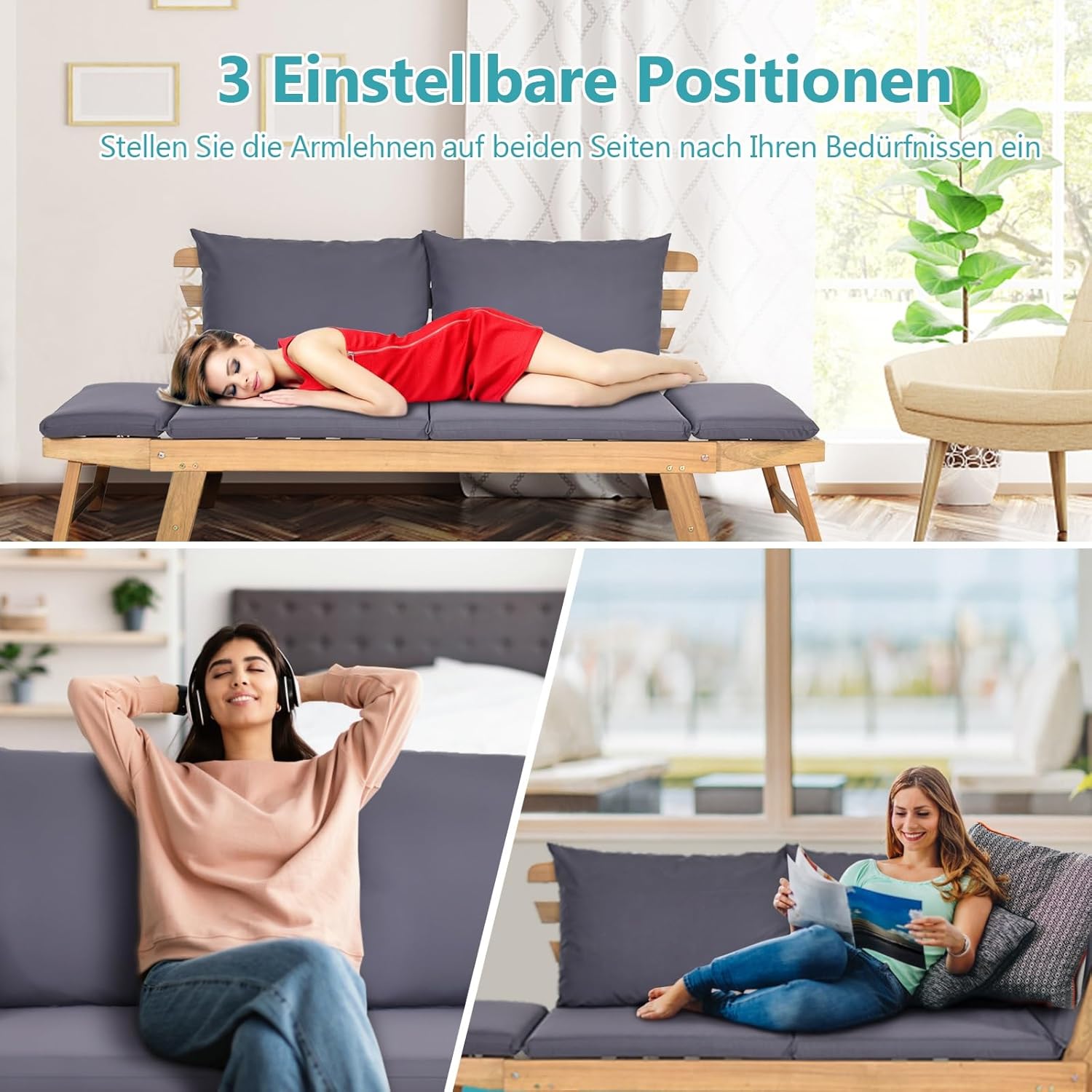 GIANTEX Gartenbank mit Liegefunktion, Gartensofa mit klappbaren Seitenlehnen, Balkonbank mit Auflagen, Sitzbank Outdoor aus Akazienholz, Loungesofa 3-Sitzer, Liegesofa für Balkon Garten Terrasse | 3-in-1-Design