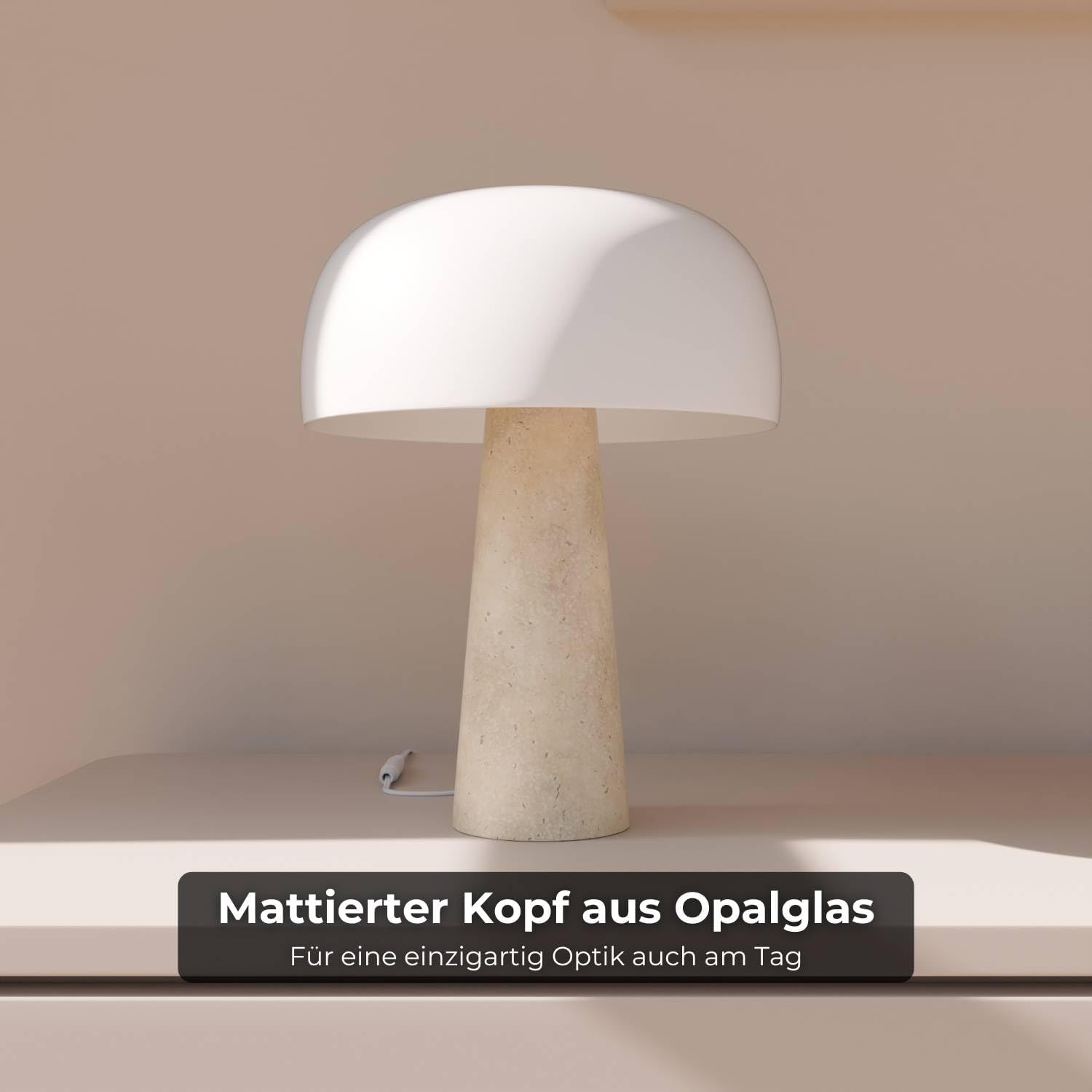 Lyra Design Tischleuchte mit Travertinfuß, LED Tischlampe aus Glas dimmbar 2200 K warmweiß