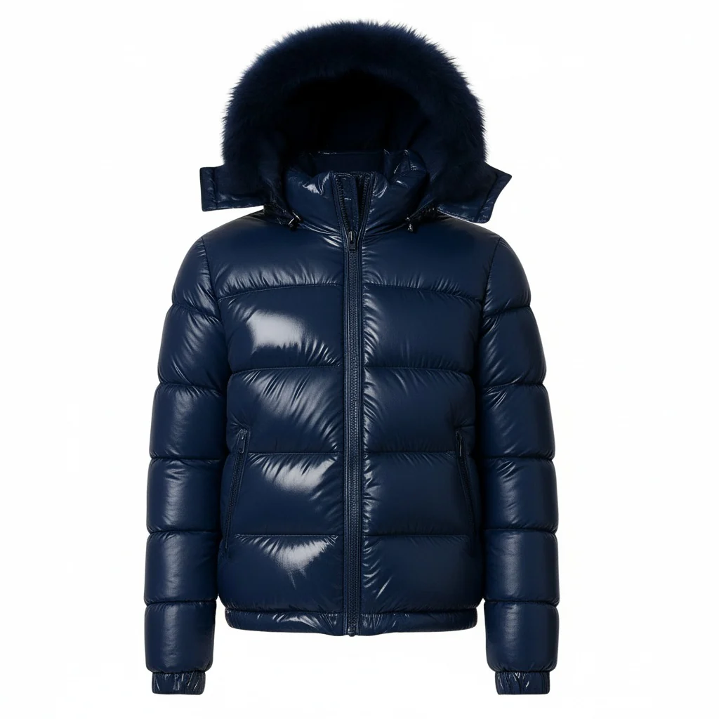 12 Pack Adult Shiny Bubble Jacket with Fur Hood in Navy