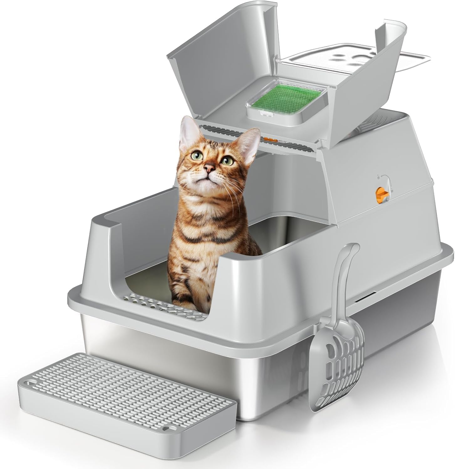 Lettiera per Gatti in Acciaio Inox, Lettiera Gatto Chiusa XXL, Lettiera Gatto Grande con Pala in Metallo, Doppio Strato Opaco Toilette per Gatti Grande - Grigio
