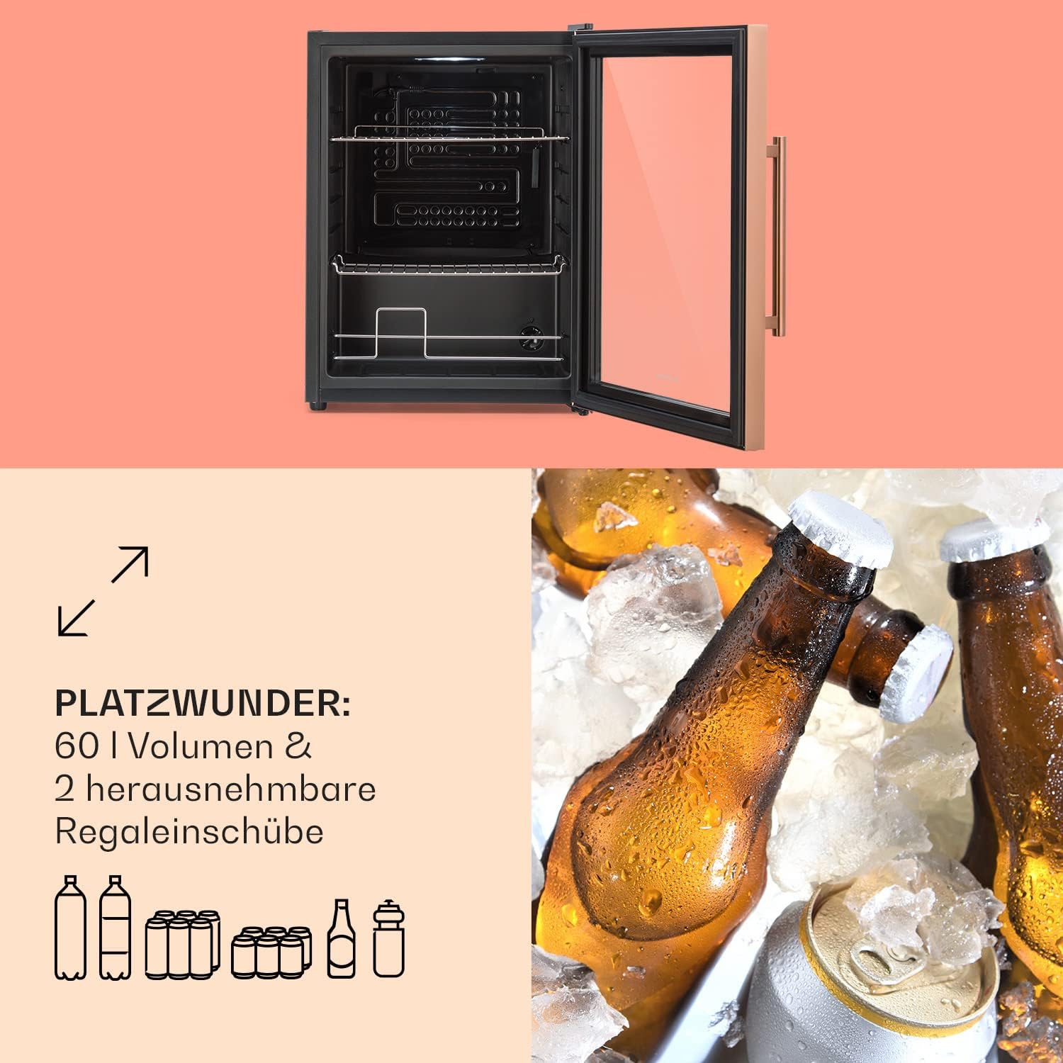 Klarstein Mini Koelkast met Glazen Deur voor Kamer, Drankenkoelkast met Verstelbare Planken, Klein 80 Liter, Indoor/Outdoor Koelkast Stil