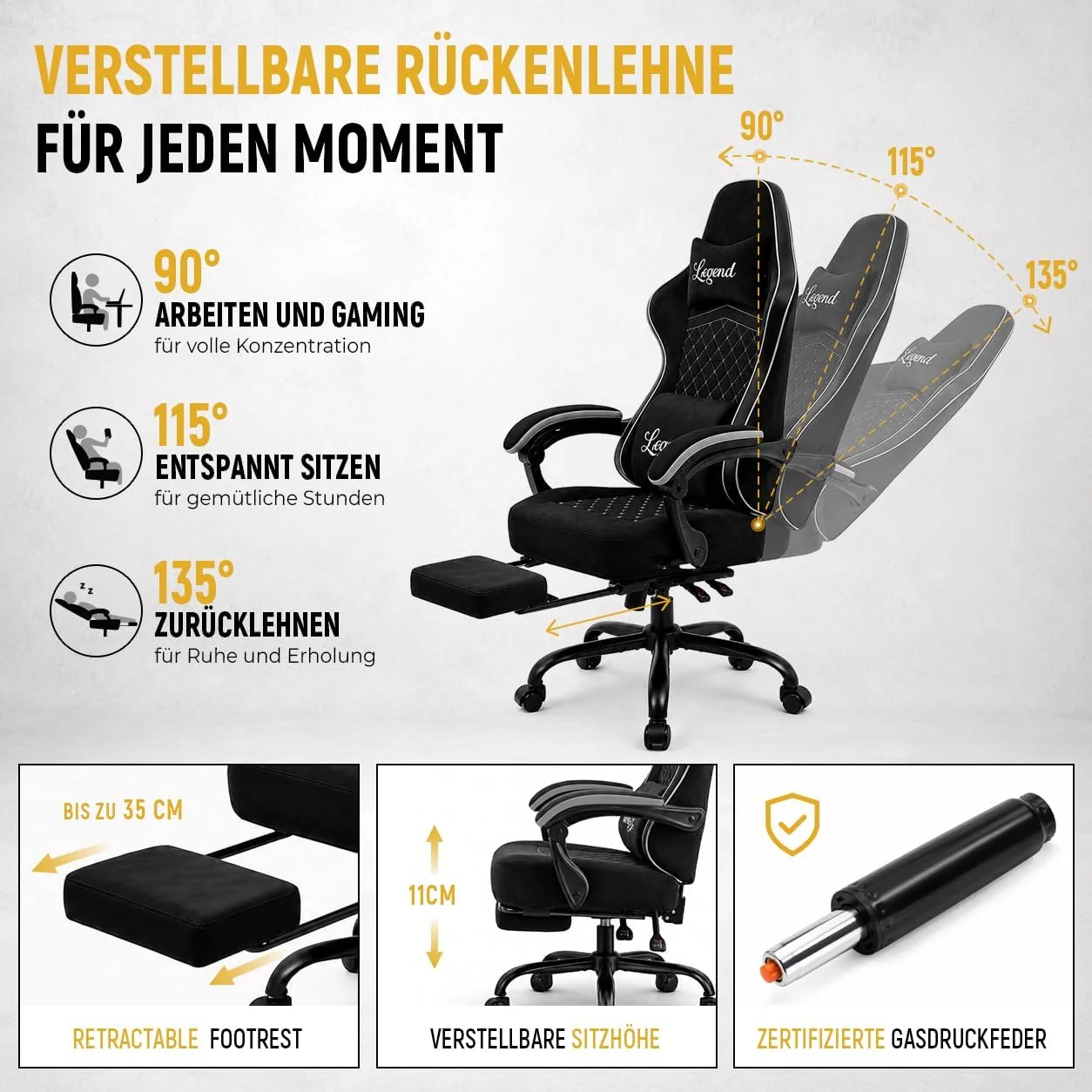 Gamingstuhl mit Taschenfeder-Sitzkissen, verstellbarer Rückenlehne und Fußstütze
