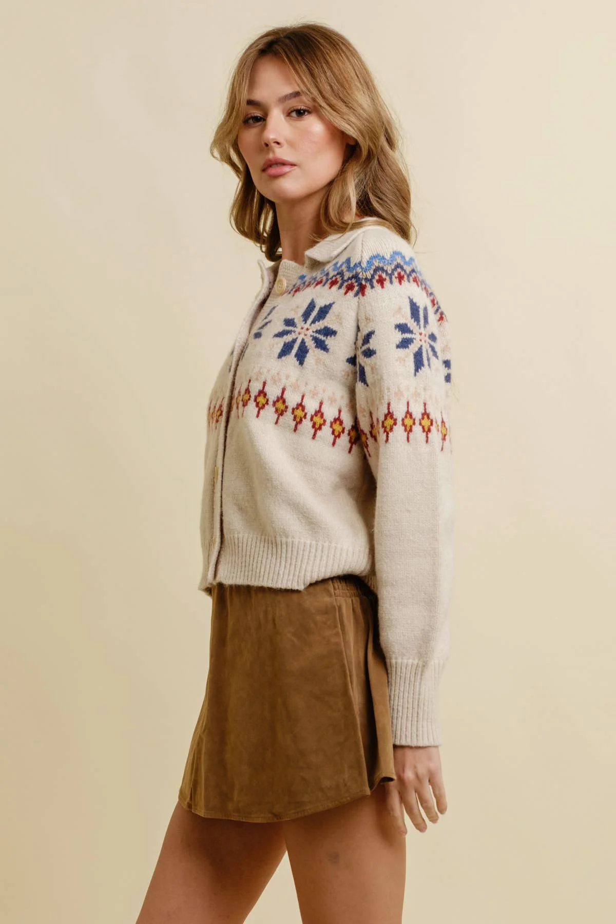 SNOWFLAKE BUTTON UP SWEATER