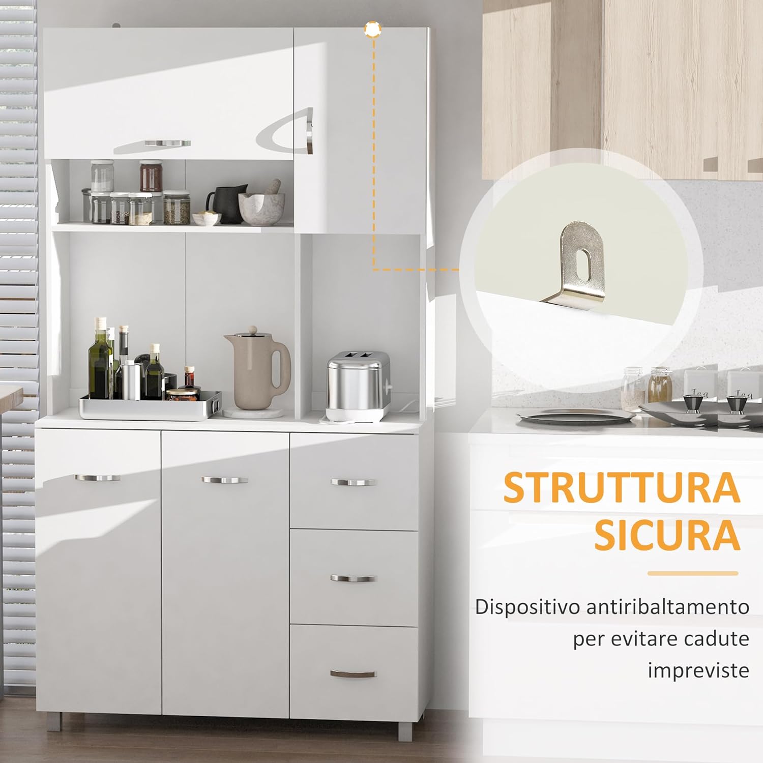 HOMCOM Credenza Alta Moderna con Cassetti e Armadietti, Mobile Cucina per Microonde con Ripiani Aperti, 100x39.5x183.5cm, Bianco