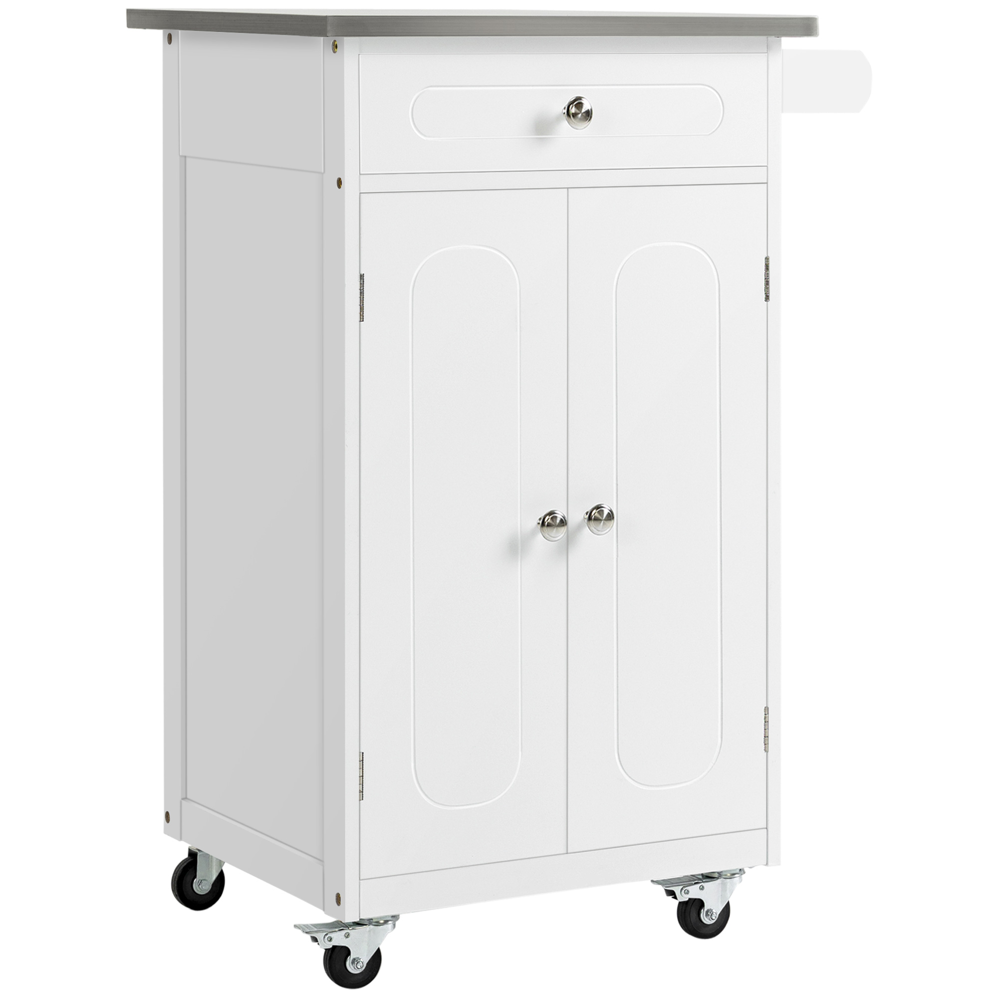 HOMCOM Küchenservice-Wagen mit Rollen, Mehrzweck-Storage, 1 Schublade, Doppelschrank mit 2 Türen und Regal, Handtuchhalter aus MDF in Weiß und Edelstahl