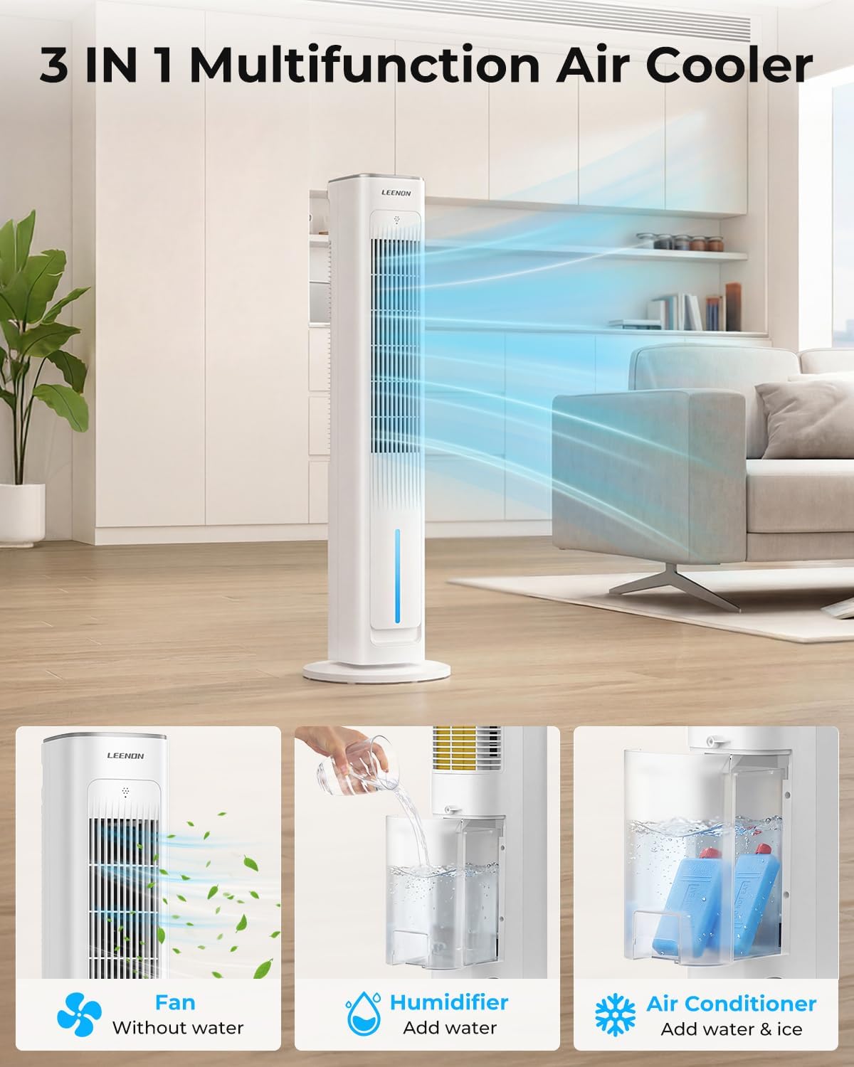 Leenon 3 in 1 Turmventilator mit Wasserkühlung 38 Luftkühler 35dB leise für Schlafzimmer Wohnzimmer Büro
