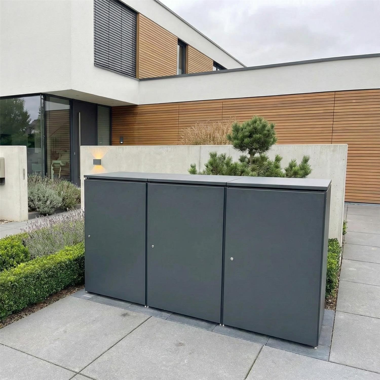 Metzler Mülltonnenbox 3er 240L in Anthrazit | Für 3 Tonnen aus Aluminium rostfrei & abschließbar | Mülltonnenverkleidung außen mit Automatikdeckel & höhenverstellbare Füße | Müllbox für Garten