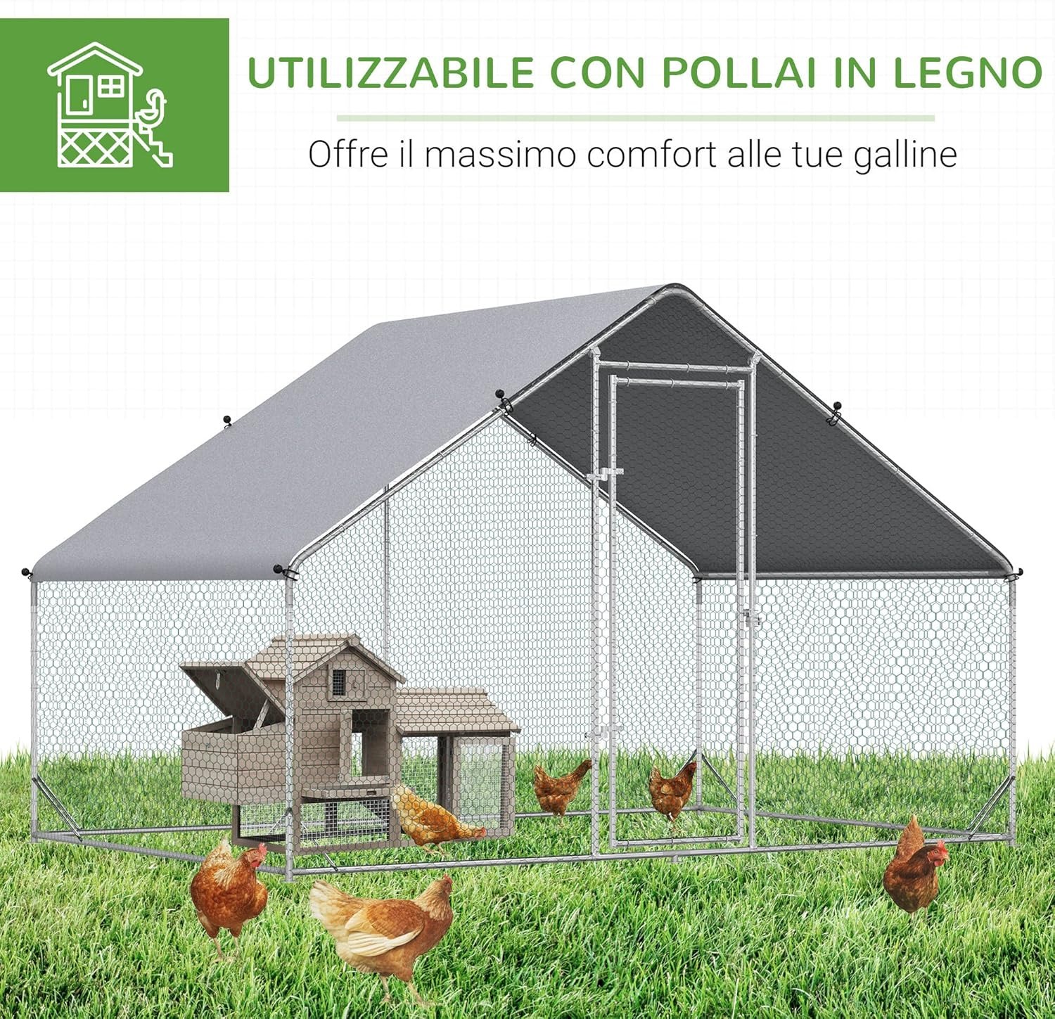 PawHut Pollaio da Esterno con Telaio Zincato e Rete Esagonale, Pollaio per Galline da Esterno con Copertura in Tessuto Impermeabile per 16-24 Polli, Anatre e Conigli, 3x8x2m