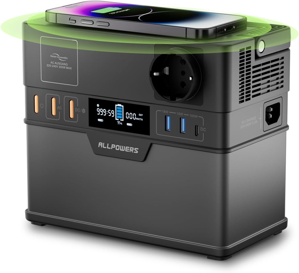 ALLPOWERS S300Plus Centrale Elettrica Portatile con Pannello Solare SF100 da 100W, 288Wh Generatore Solare Portatile, 300W (600W Picco) AC Uscita, UPS, Power Station per Campeggio, Emergenza