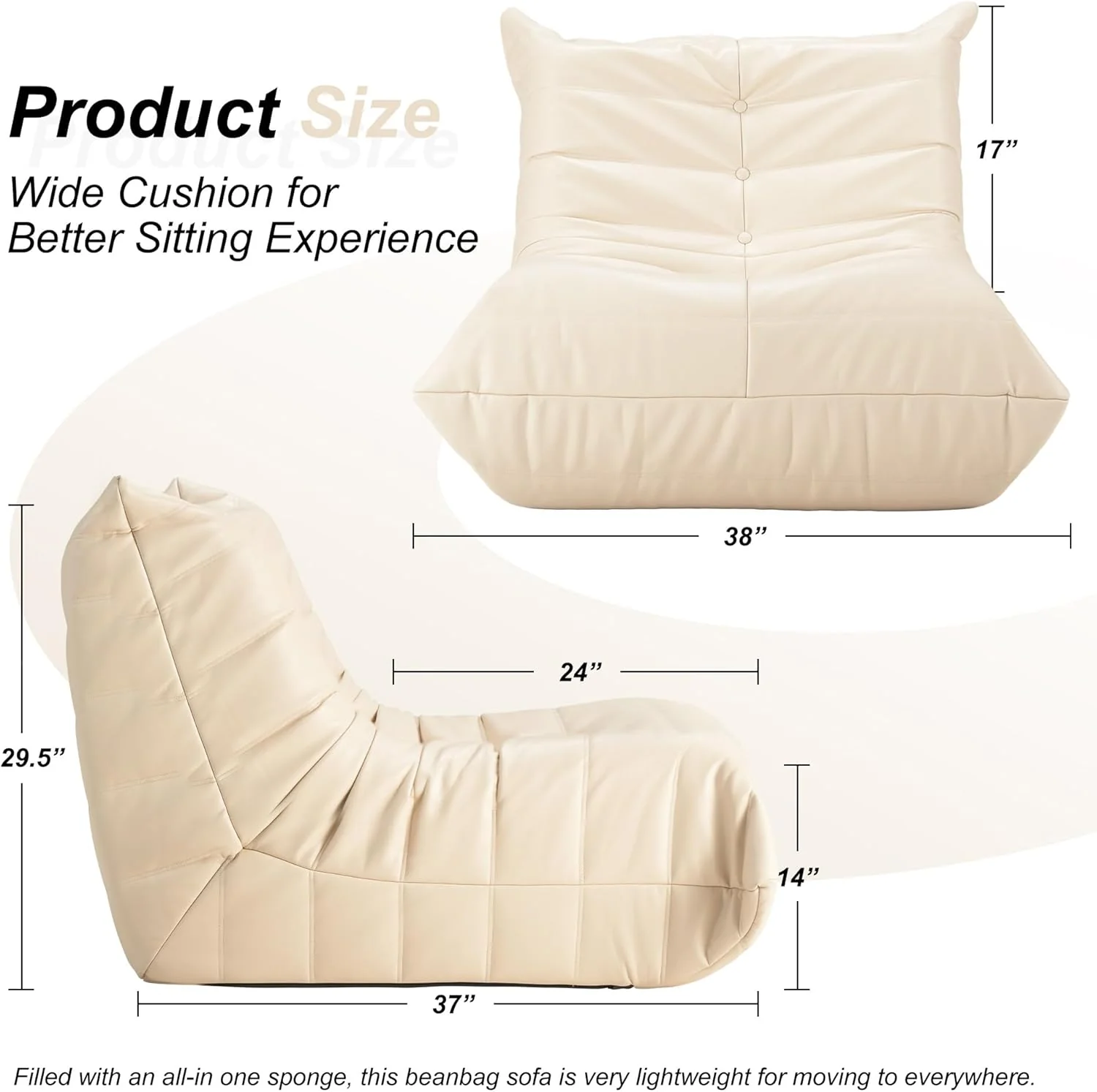 Giant Memory Foam Bean Bag Chair Sofa for Adults Faux Leather