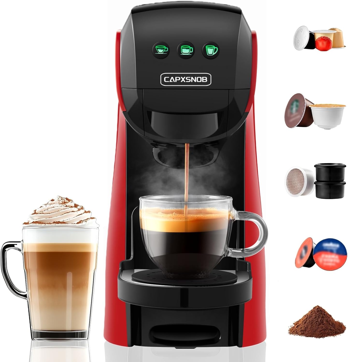 Warriors1 Macchina da Caffè Capsule 5in1 per Nespresso OL, Dolce Gusto, Lavazza A Modo Mio, FAP Espresso Point e Caffè Macinato, 20bar, 0,8L, Calore e Quantità Regolabili, Compatta per Casa e Ufficio