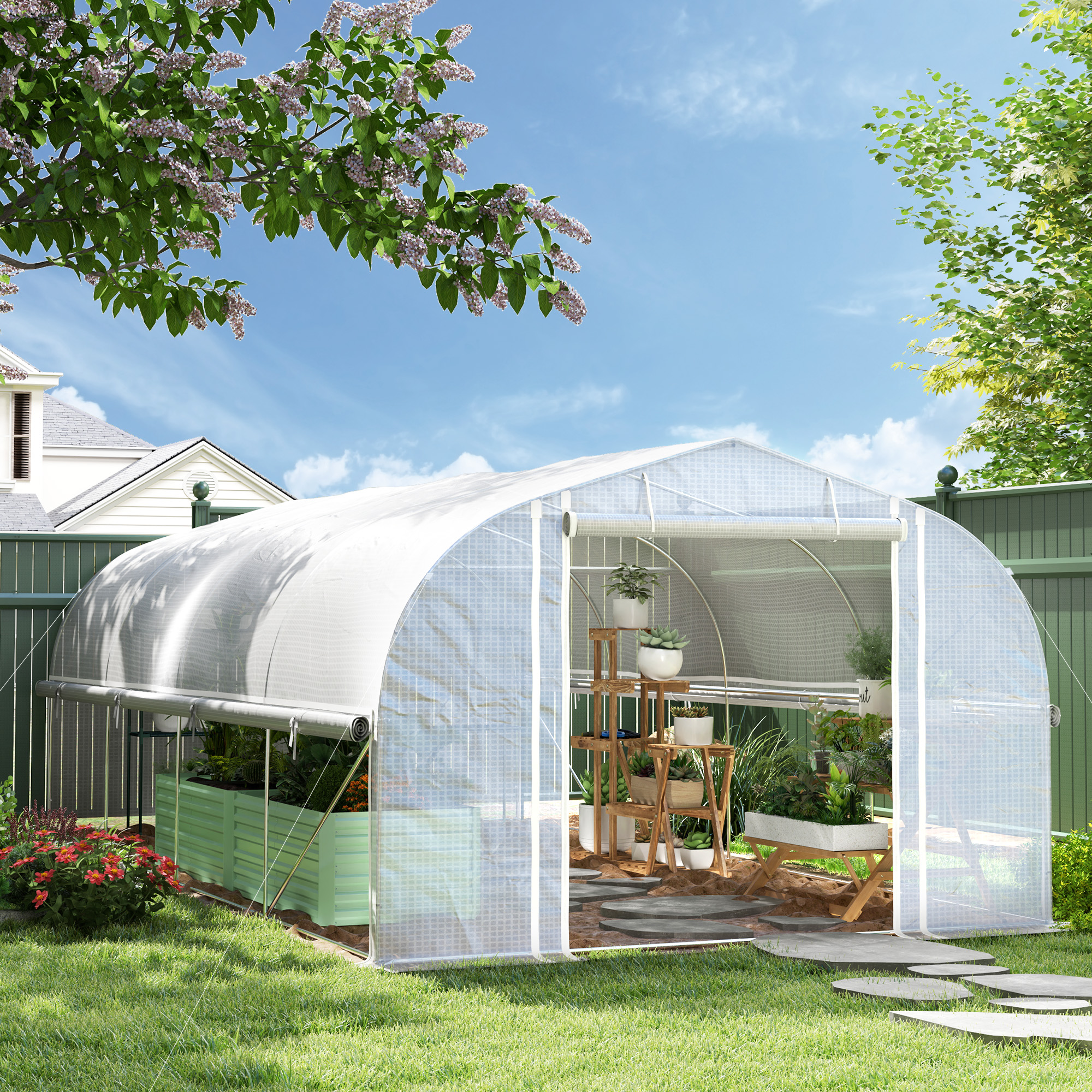 Outsunny 6x3x2m Kas, Toegankelijk, Met 8 Vensters, Deur, Vliegengaas, en Metalen Frame - Wit