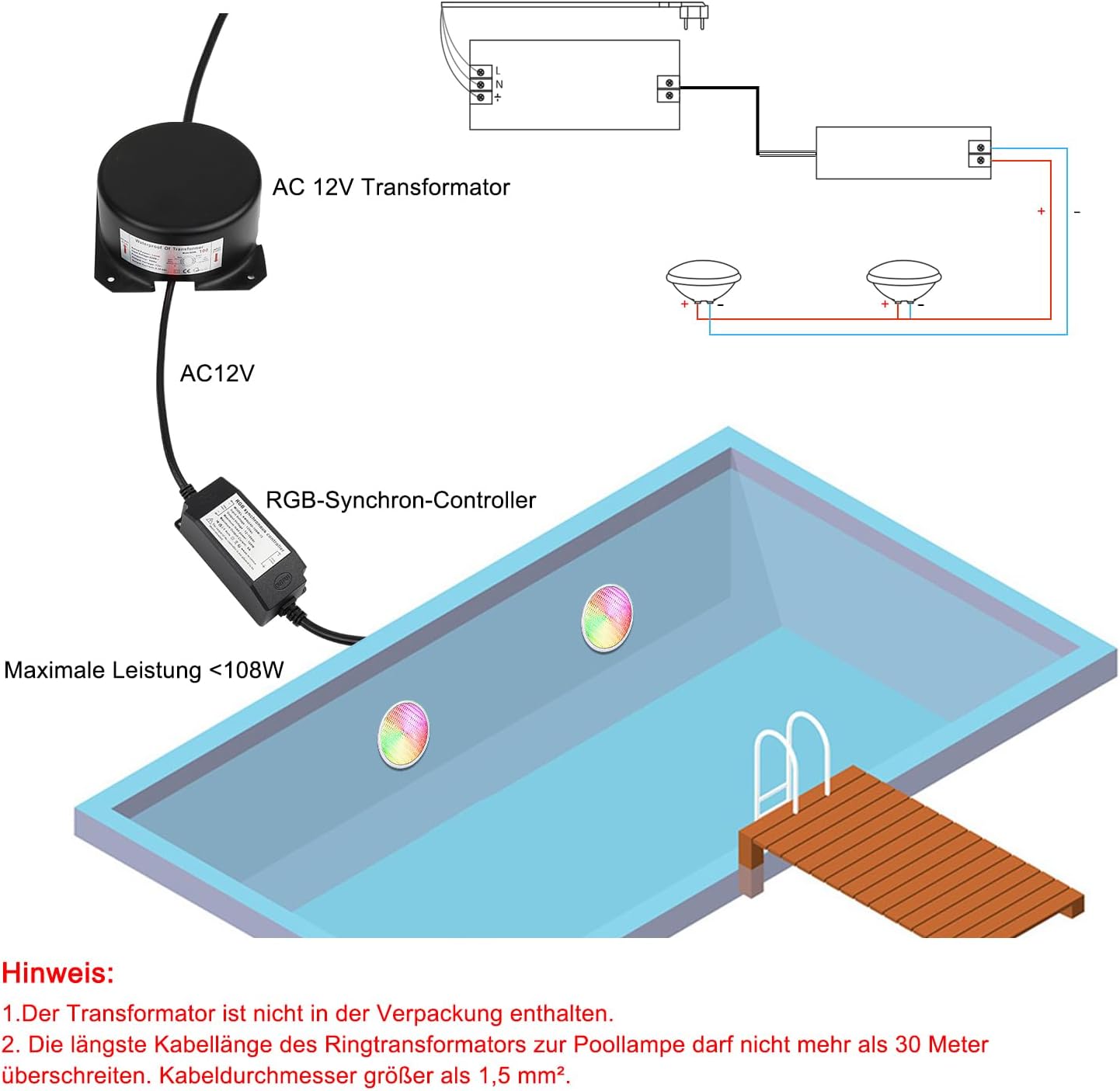 KWODE 54W LED Poolbeleuchtung PAR56，Timing 2/4/6H IP68 Wasserdichter Pool Lamp, 12V RGB Poolscheinwerfer Externe Synchronisation mit Fernbedienung（2-teilig）
