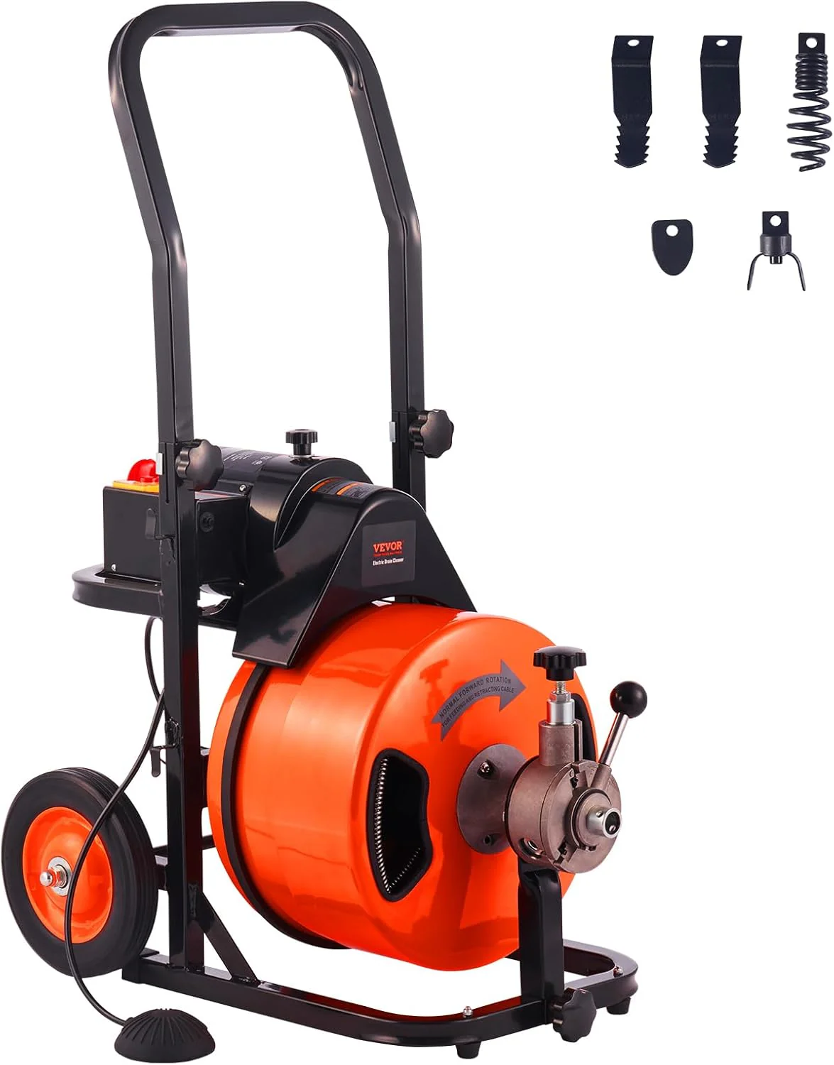 Drain Cleaner Machine 100FT x 1/2Inch, Auto Feed Sewer Snake Auger with 4 Cutter & Air-activated Foot Switch for 1" to 4" Pipes, Orange, Black