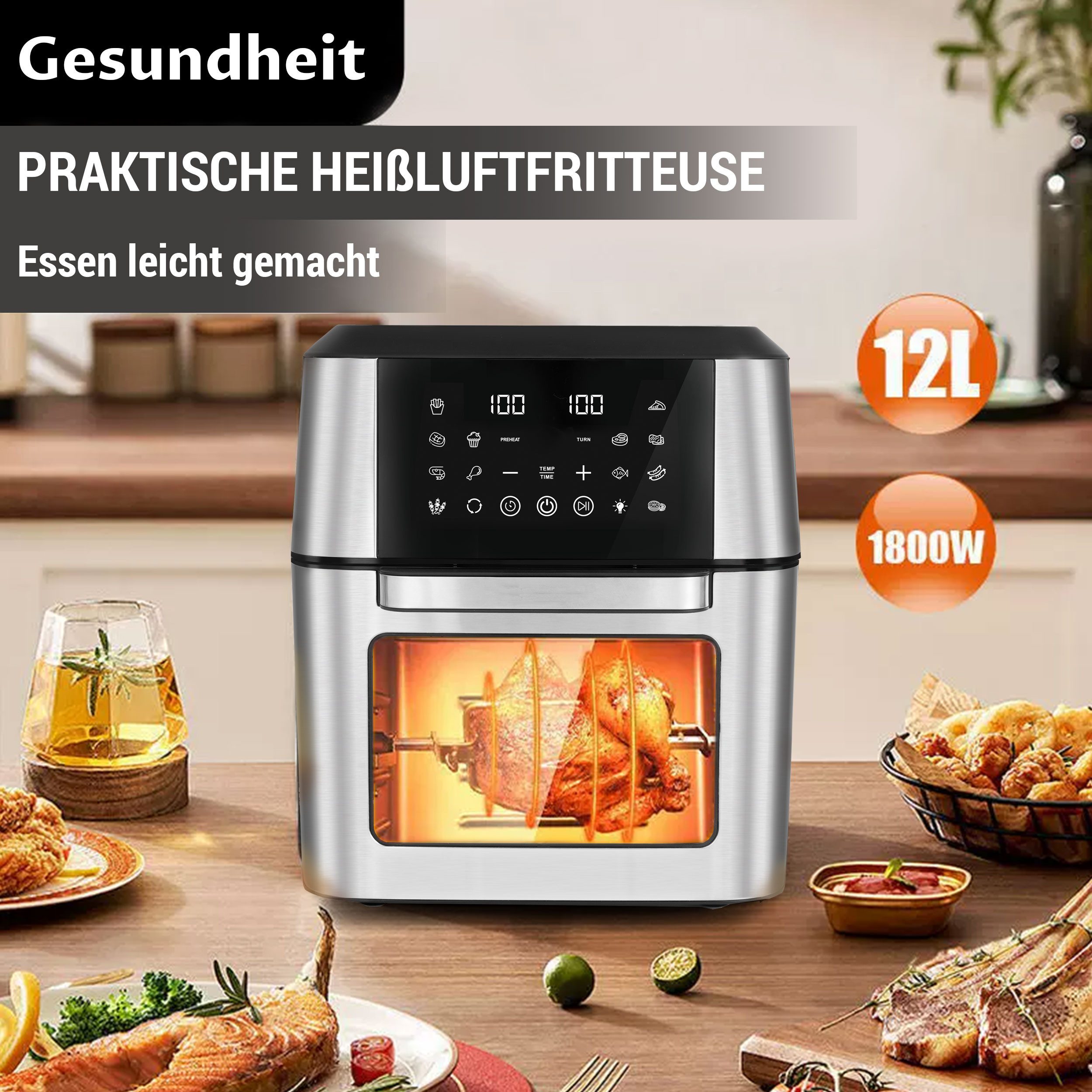 Heißluftfritteuse XXL Airfryer 12 L – 1800 W, 12 Kochprogramme