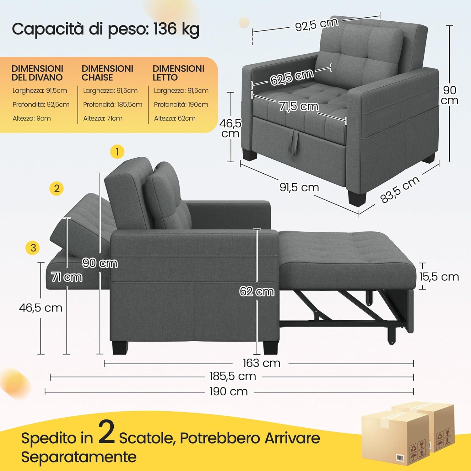 Yaheetech Divano Letto 3 in 1 Imbottito Divanetto Singolo con Schienale Regolabile Divano a 1 Posto per Soggiorno Camera da Letto Poltrona Pieghevole Ufficio Appartamento Grigio Chiaro