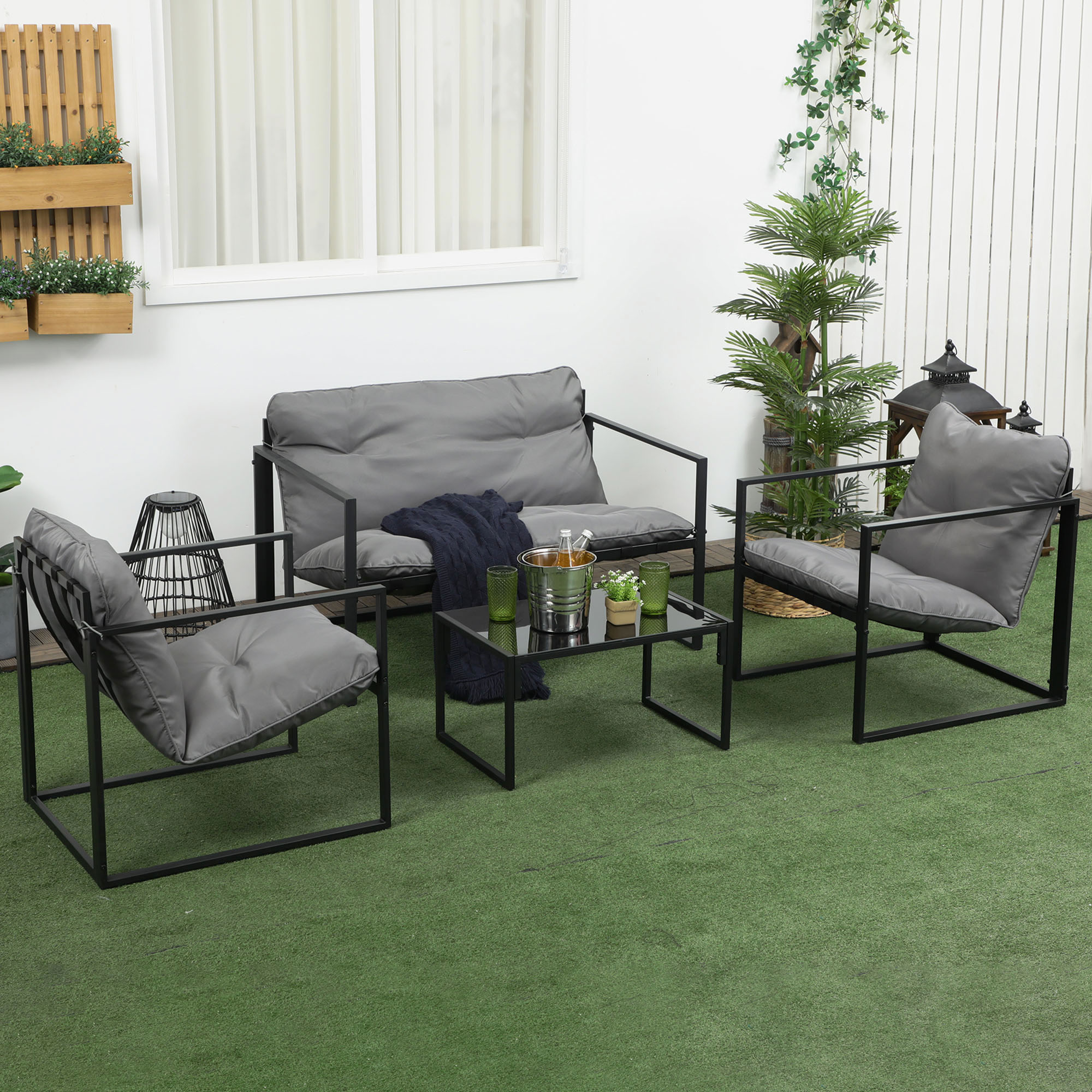 Outsunny Gartenmöbel-Set, 1 Glastisch, 2 Sessel. 1 Sofa, wetterbeständig,114 cm x 70 cm x 67 cm, Grau+Schwarz