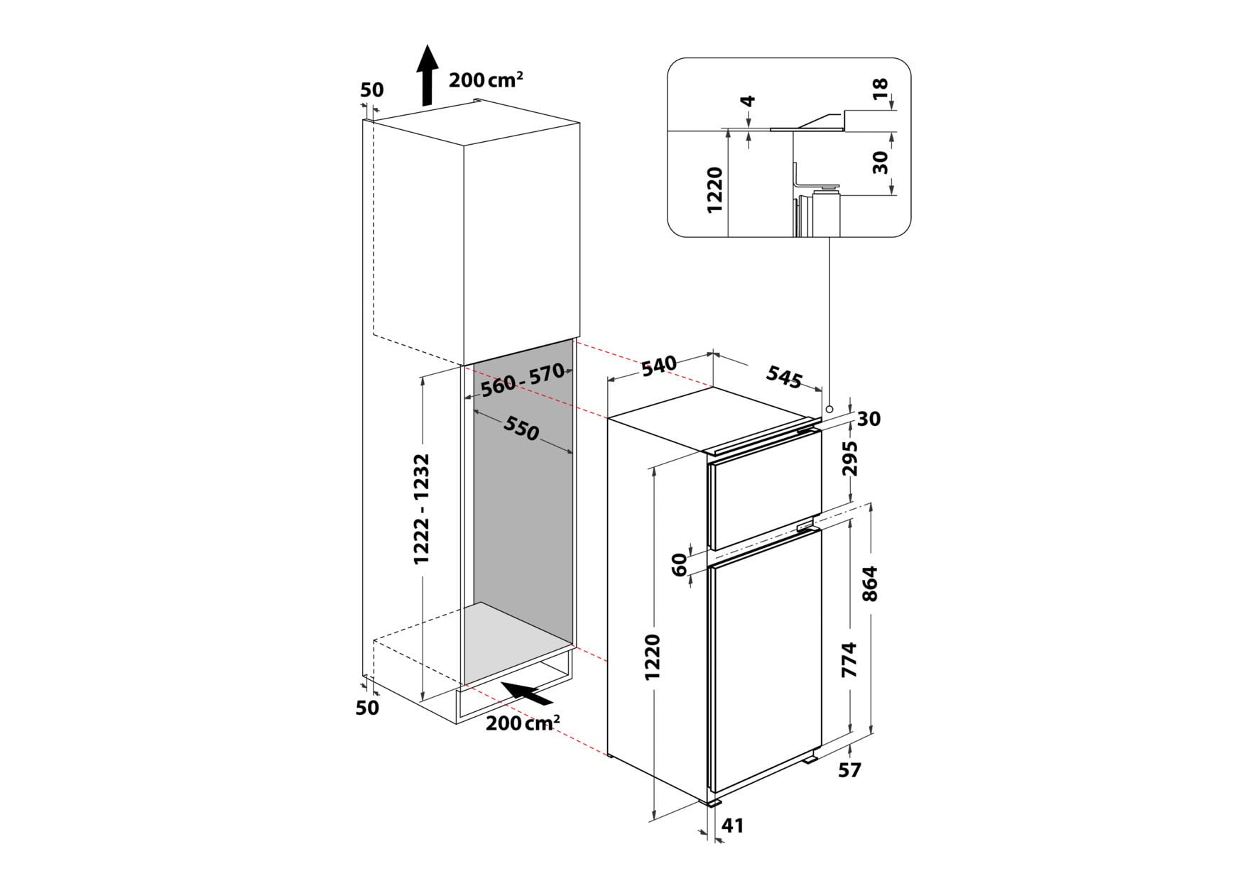 Einbau-Kühl-Gefrierkombination 173 l, elektronische Temperaturregelung, Abtauautomatik und LED-Beleuchtung, 36 dB, wechselbarer Türanschlag