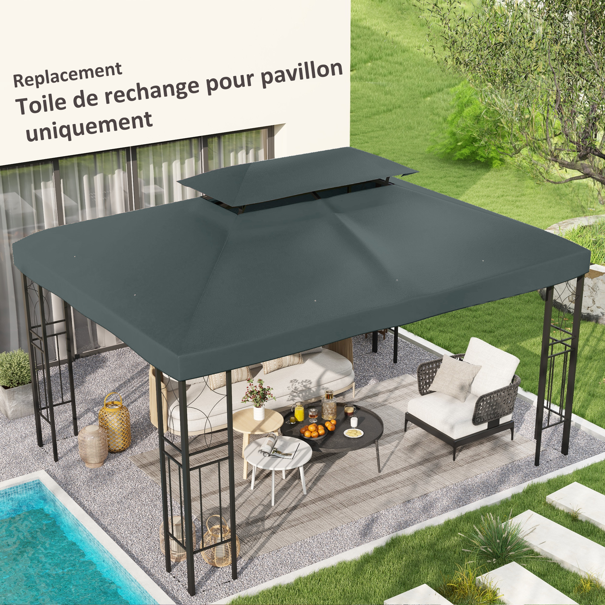 Outsunny Ersatzdach für Metallpavillon 3x4m wasserabweisend Pavillondach mit Doppeldach, Ersatzbezug für Gartenpavillon Partyzelt Gartenzelt Polyester Kohlegrau