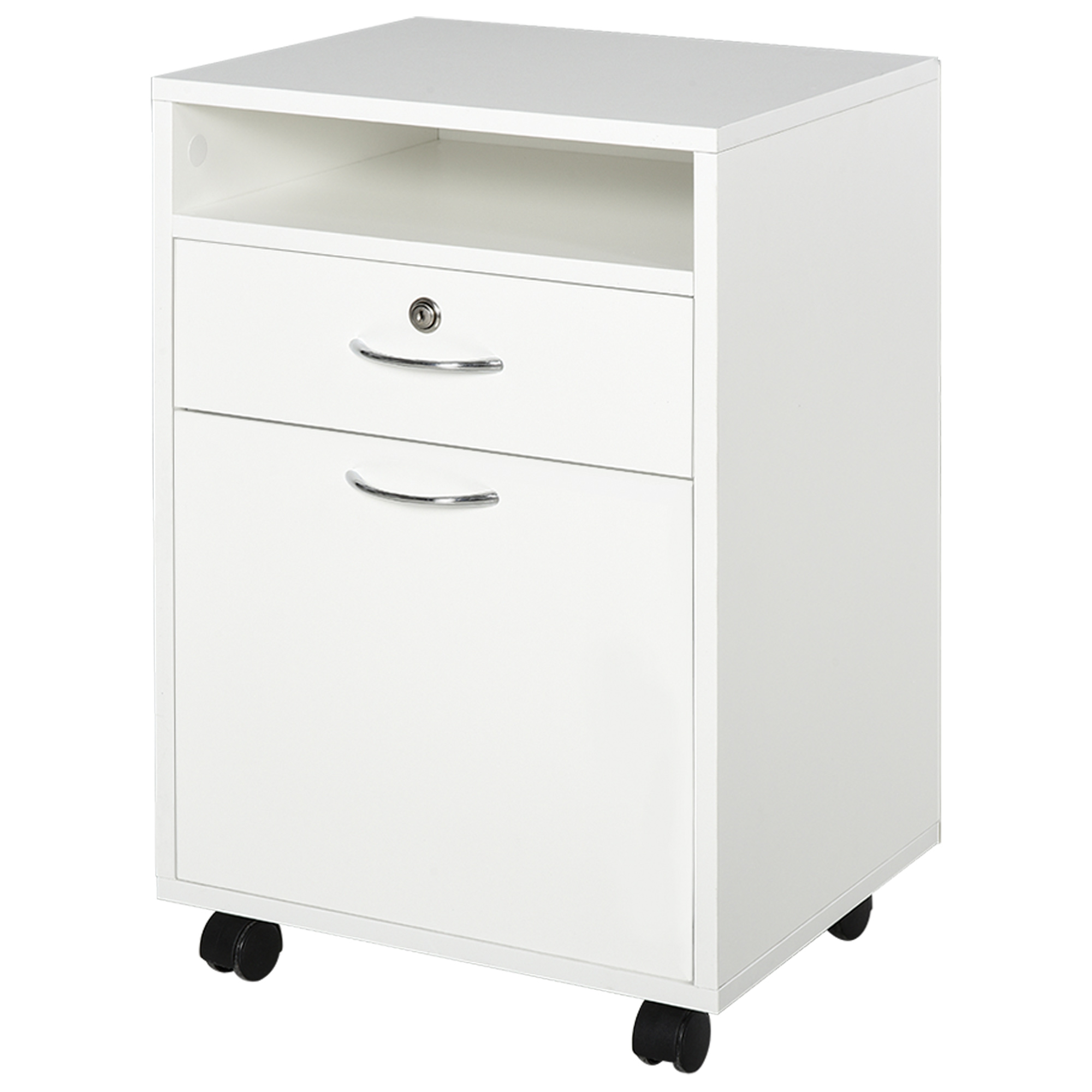 HOMCOM Büro-Aktenwagen mit 2 Schlüsseln, Schublade, Schrank und 4 Rädern in Weißem Holz, 40x35x60cm