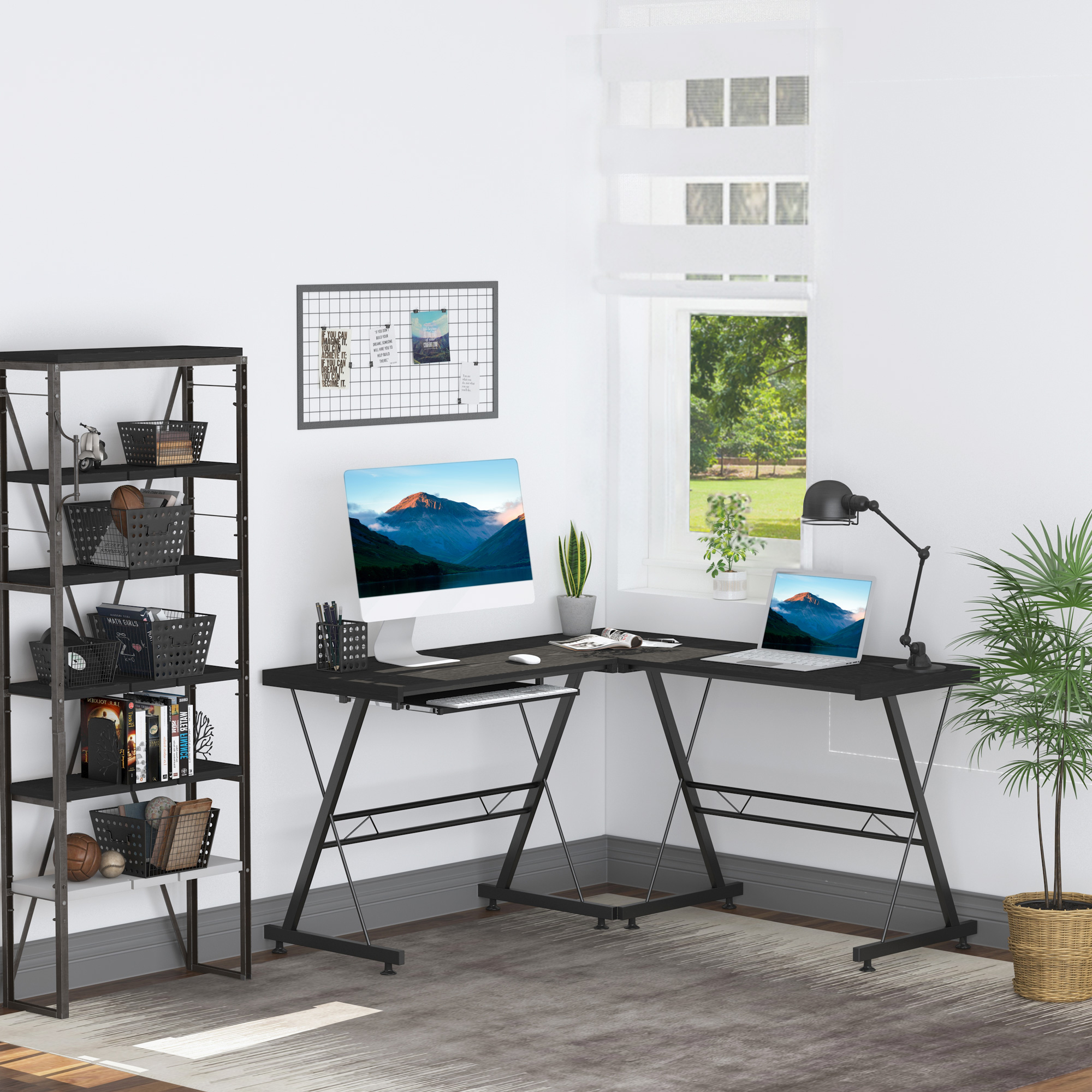 HOMCOM Computertisch Schreibtisch flexible Arbeitsstation MDF Stahl Schwarz 210 x 50 x 73,5 cm