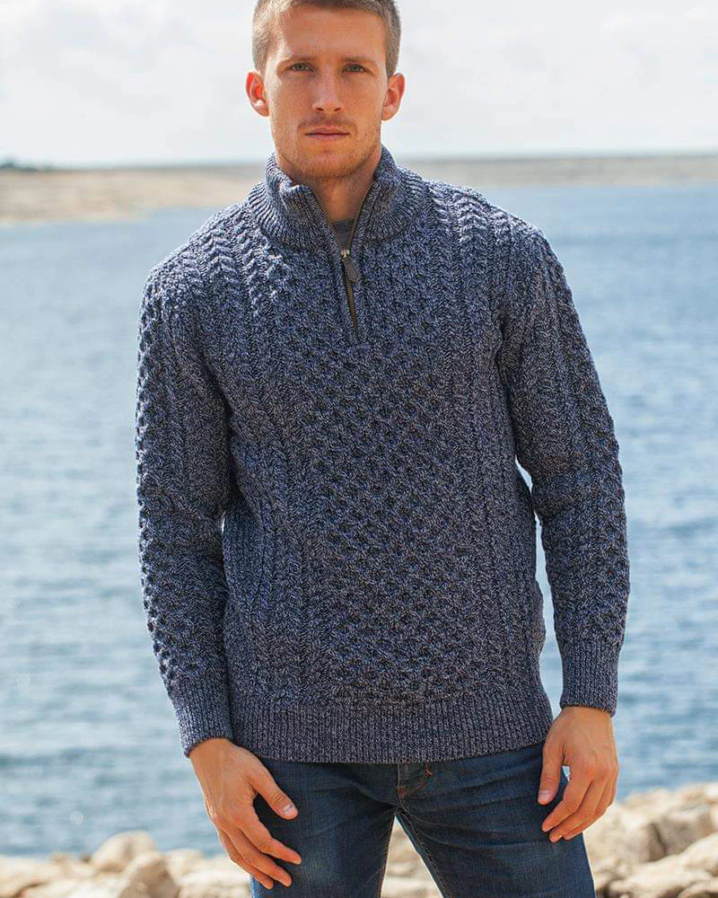 Men's 1/4 Zip Aran Sweater - Denim